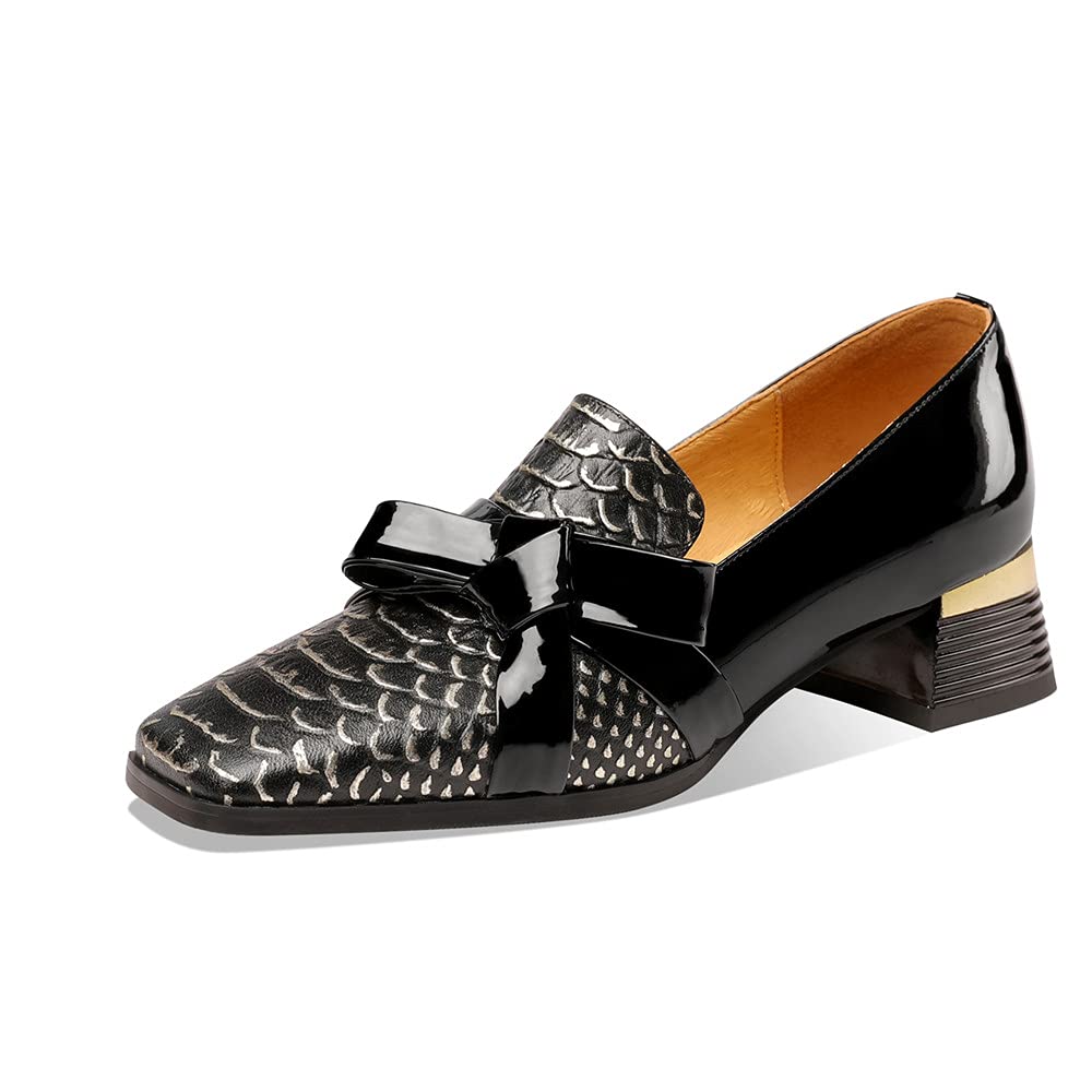 TinaCus Women's Handmade Square Toe Low Chunky Heel Loafers - Stylish Patent Leather Slip-On Shoes with Bowknot for Office, Casual Wear & Daily Outfits