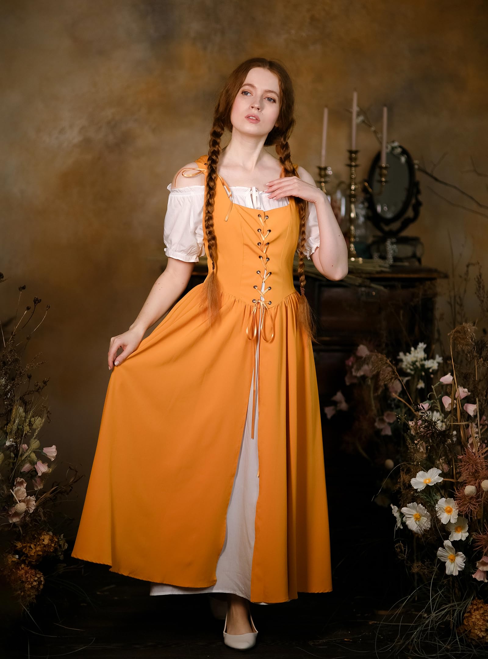 Scarlet Darkness Women's Renaissance Peasant Dress - Medieval Short Sleeve Maxi Costume for Cosplay, LARP, Renaissance Fairs & Historical Reenactments
