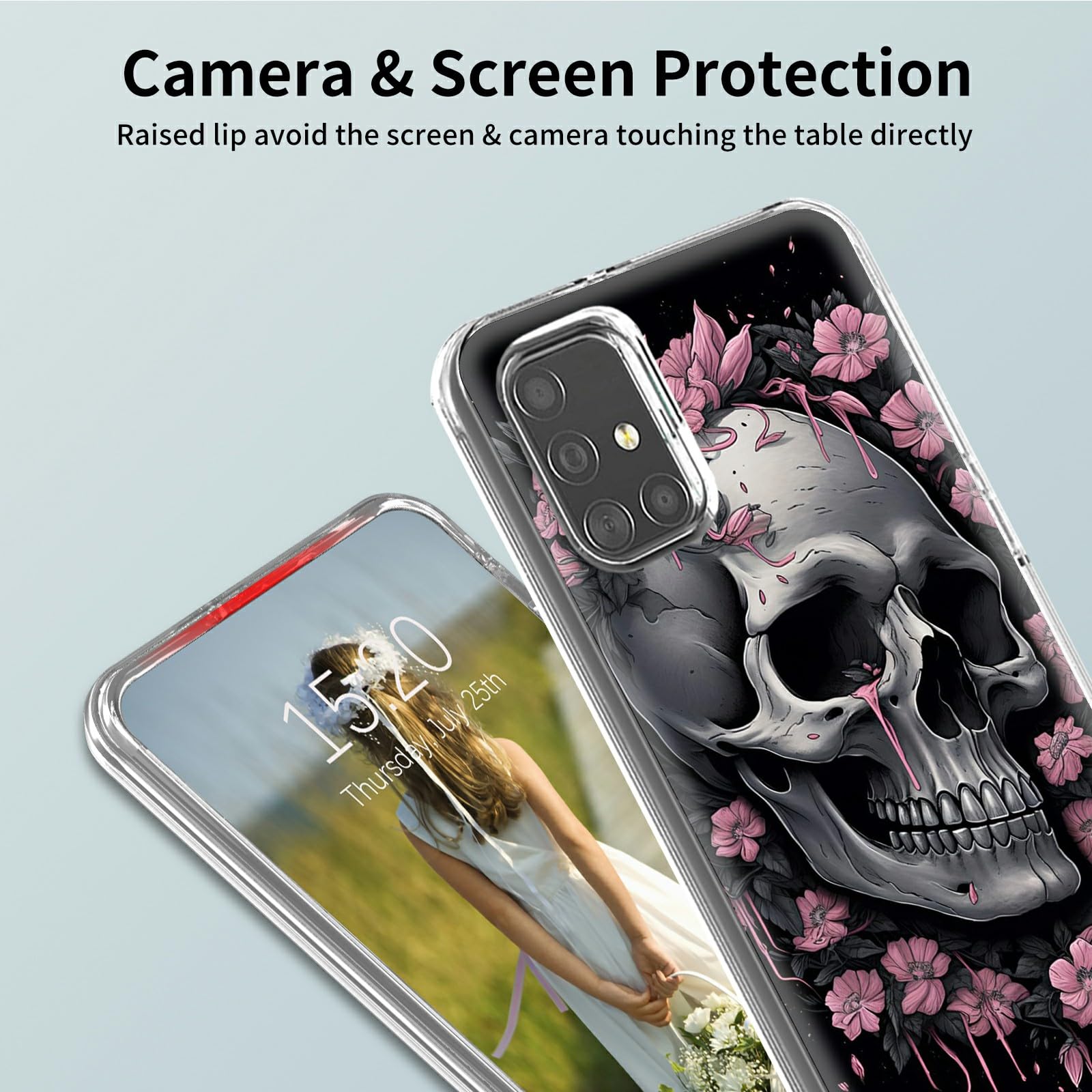 Shockproof Hybrid Case for Samsung Galaxy A51 4G/5G (6.5 Inch) - Clear Hard PC Cover with Soft Silicone Protection, Skull Flowers Design | Perfect for Outdoor Activities, Work & Daily Use