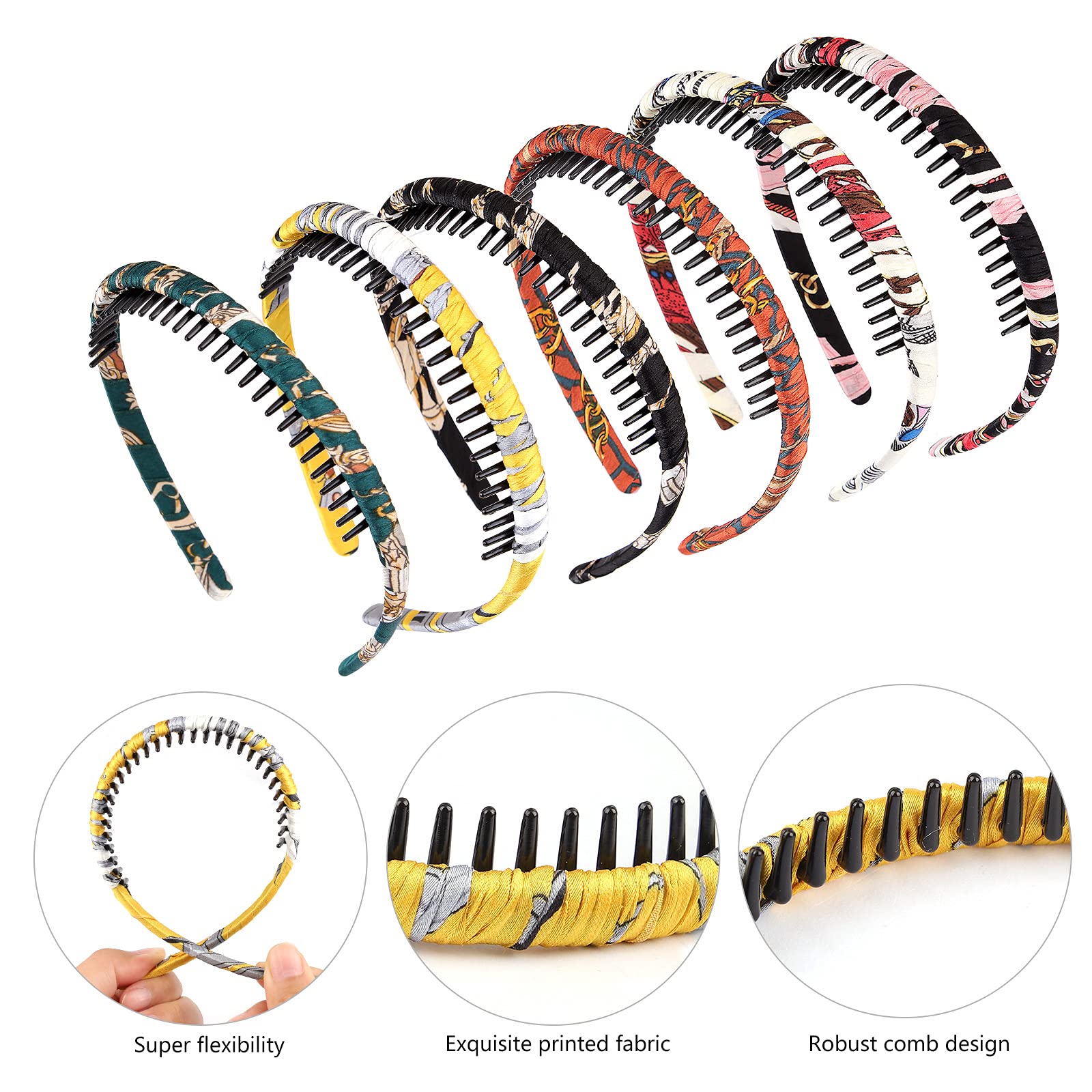 AMCAMI 6-Pack Non-Slip Resin Headbands for Women - Thin Hair Bands with Teeth for Makeup, Washing Face & Styling - Perfect Hair Accessories for Girls & Women (Gym, Yoga, Spa, Home Use)