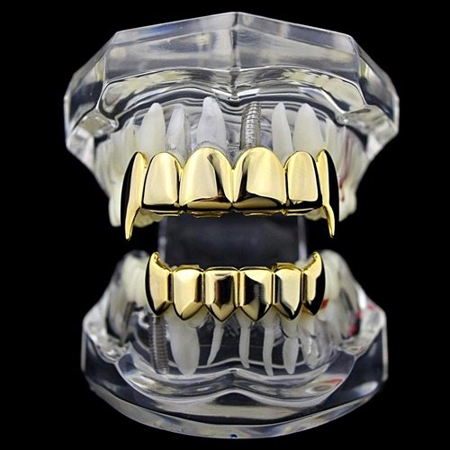 14K Gold Plated Vampire Fang Grillz Set - Top & Bottom Hip Hop Teeth Jewelry for Rappers & Halloween Costumes