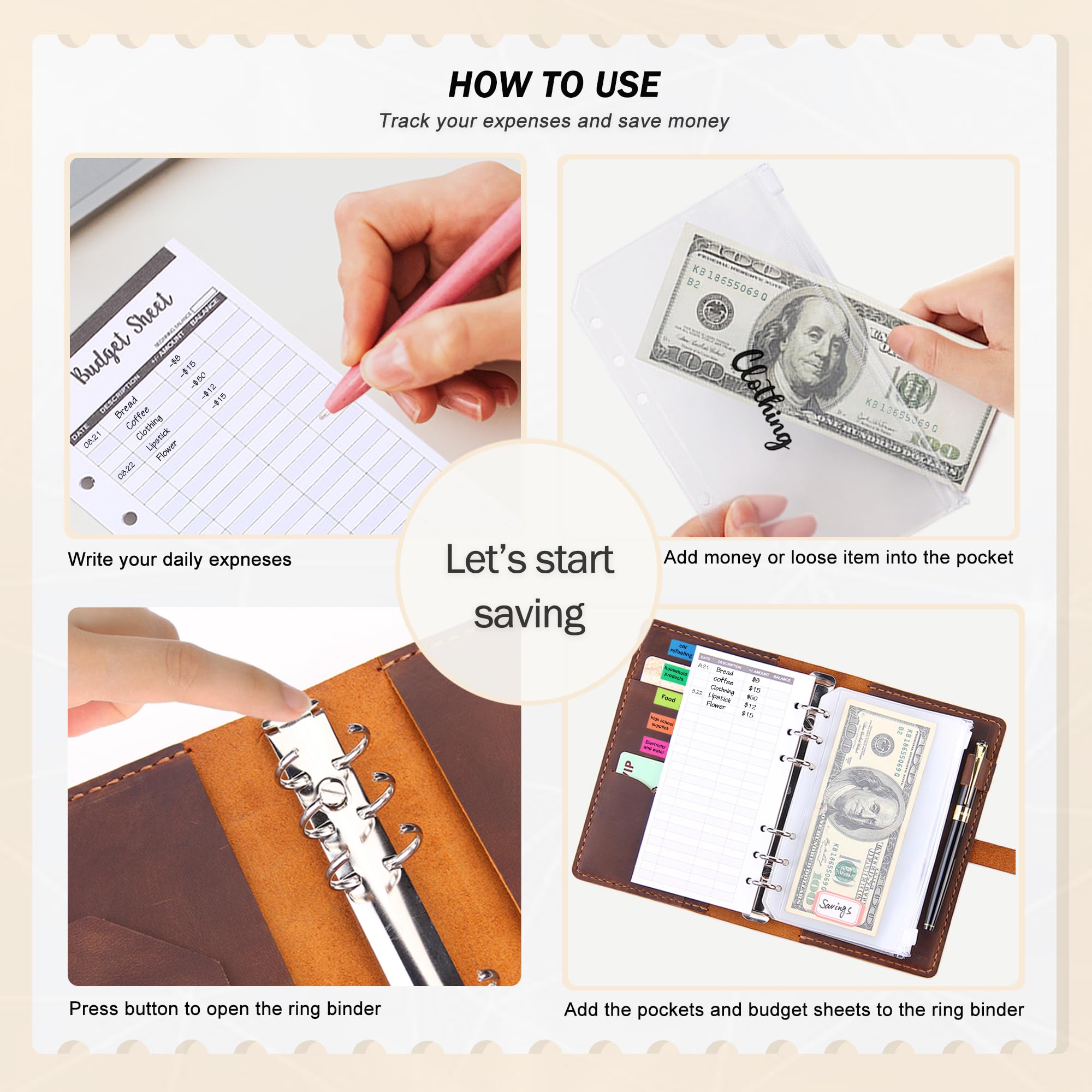 Premium Handmade Leather A6 Binder with Cash Envelopes - Money Saving Budget Planner, Cash Organizer for Budgeting & Finance Management - Brown - Perfect for Personal Finance, Cash Envelope System & Expense Tracking