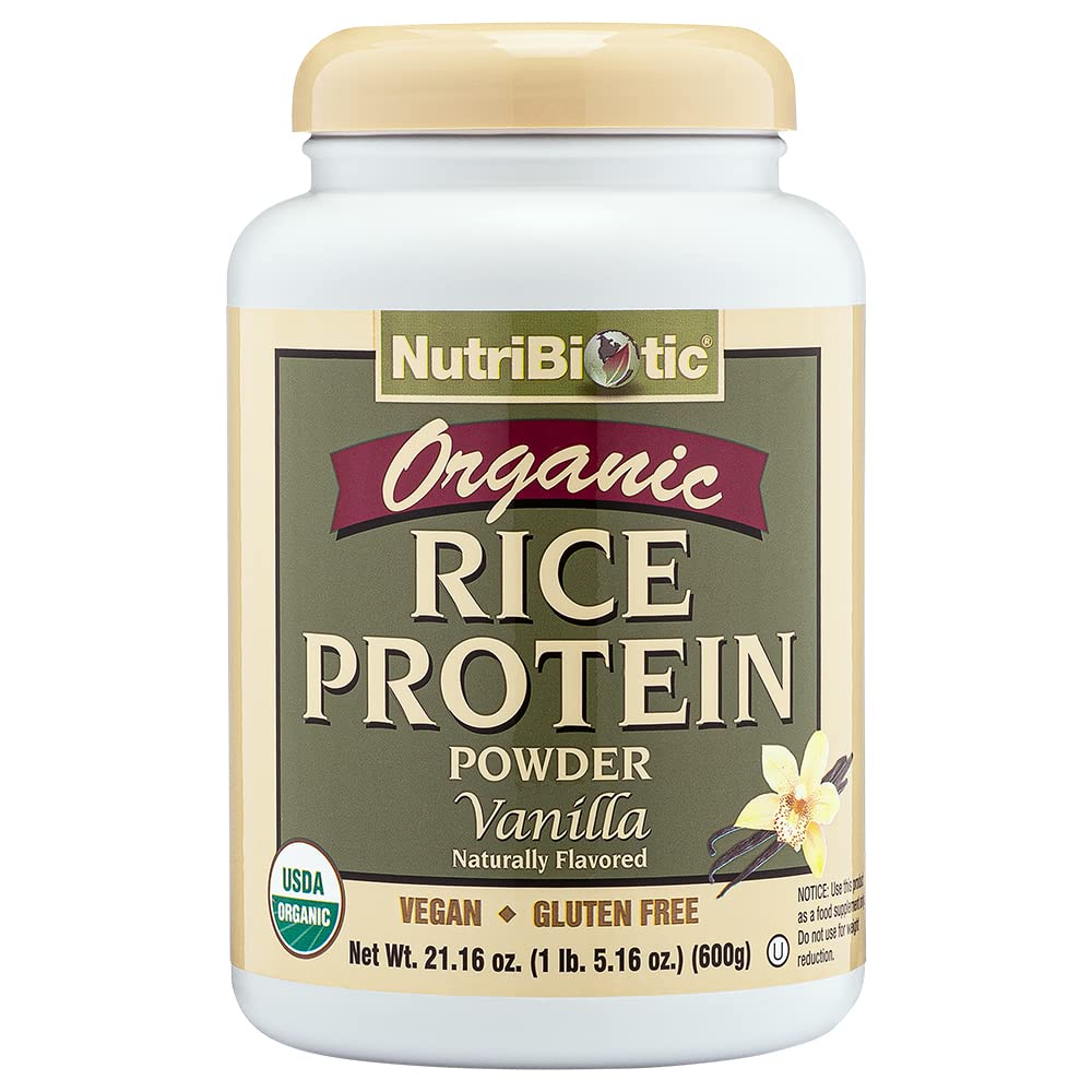 NutriBiotic Organic Rice Protein Powder Vanilla Flavor, 1 Lb 5 Oz - Vegan, Keto Friendly, Gluten Free, Non-GMO, Kosher Certified | Low Carb Plant-Based Protein Supplement for Smoothies, Baking & Post-Workout Recovery | Easy Digestible & Chemical-Free Formula