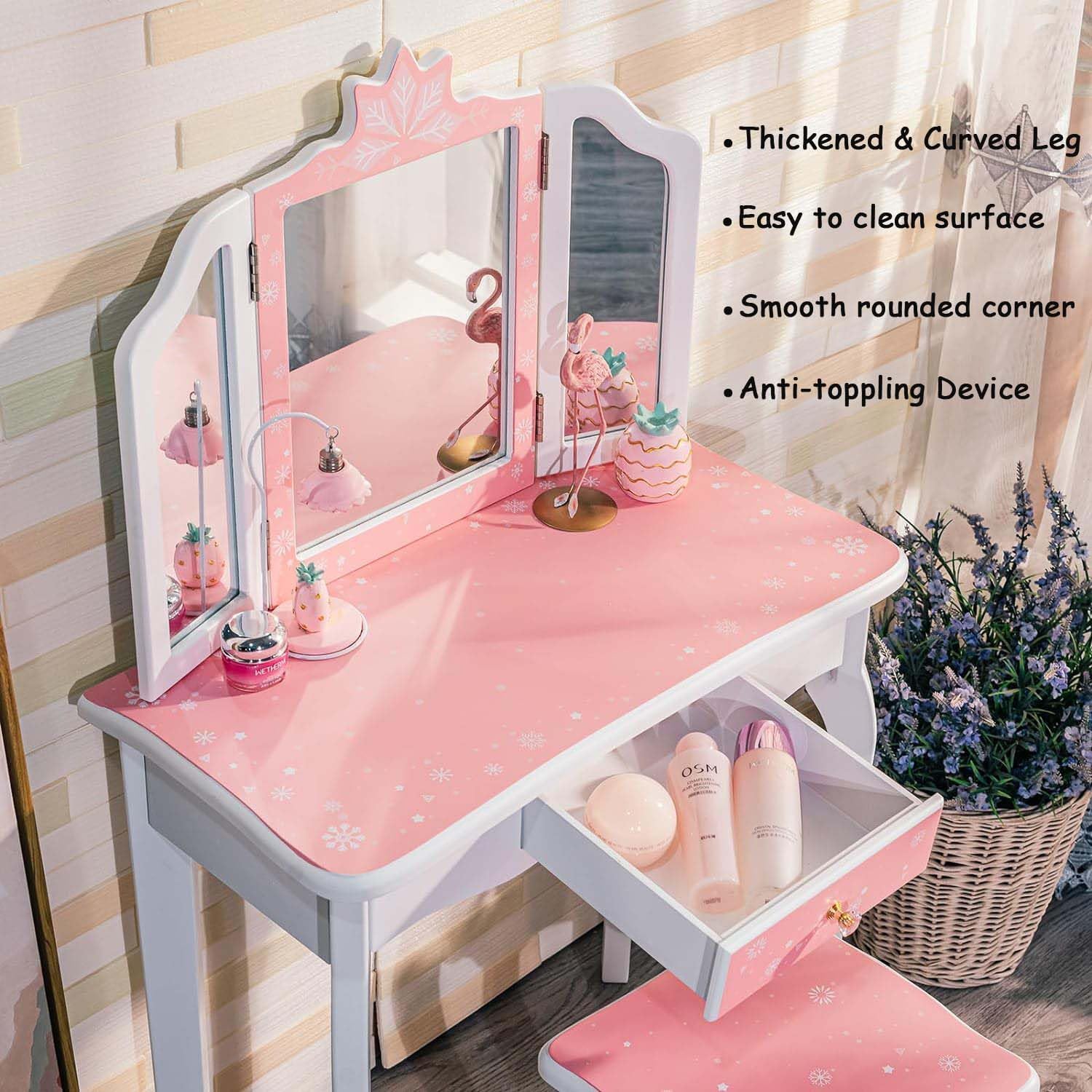 GAOMON Kids Vanity Table with Tri-Folding Mirror, Stool & Drawer - 2-in-1 Wooden Princess Makeup Desk & Dressing Table for Toddlers - Pretend Play Vanity Set for Girls (Perfect for Birthday Gifts, Bedroom Decor & Role Play Activities)