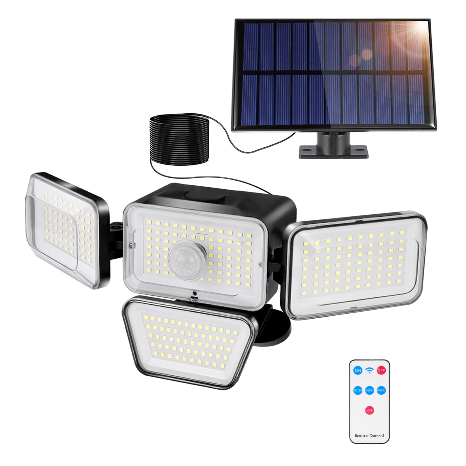278 LED Solar Motion Sensor Lights - 4 Heads Outdoor Security Lights with Remote Control, IP65 Waterproof Solar Flood Lights for Garage, Yard, Patio | Perfect for Driveway, Garden, Walkway & Home Security Lighting