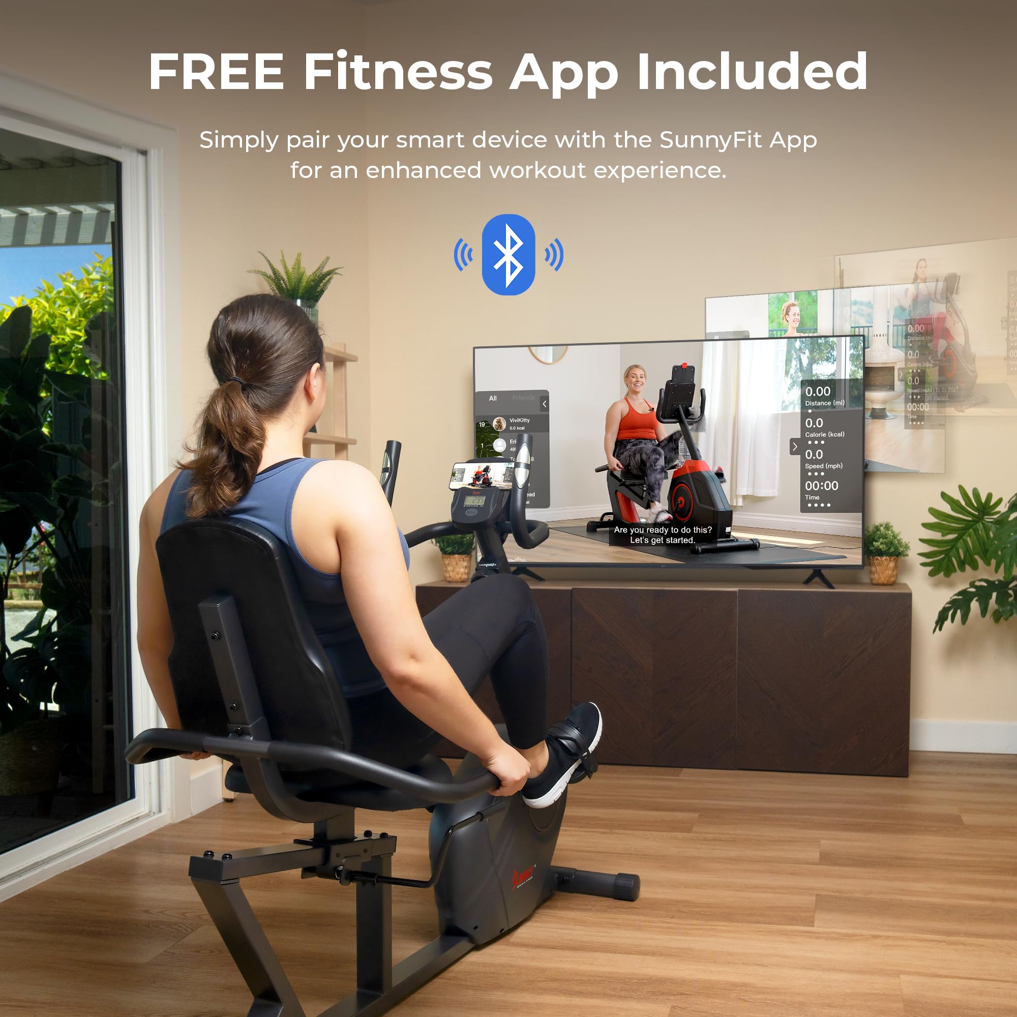 Sunny Health & Fitness Smart Heavy-Duty Recumbent Exercise Bike with Wide Cushioned Seat & Back Support - Indoor Cycling Machine for Adults & Seniors - Home Workout Equipment with Free SunnyFit App Connectivity & Optional Resistance Bands - Perfect for Low-Impact Cardio, Rehabilitation & Home Gym Training