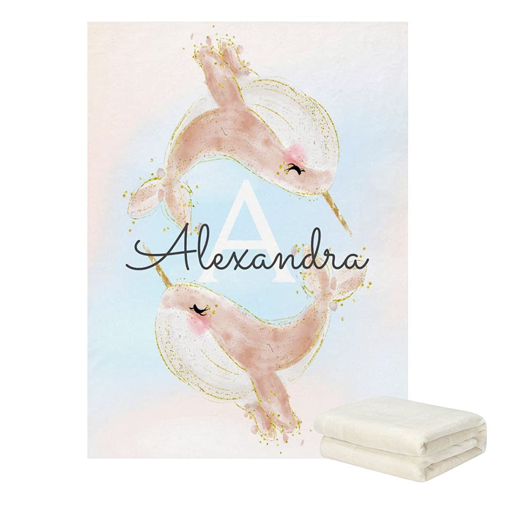 LVYZIHO Personalized Baby Blanket - Soft Fleece Blanket with Cute Whales & Watercolor Sea Design in Pink - 30 x 40 Inches for Newborns, Boys & Girls - Perfect for Nursery, Stroller, Swaddling & Photo Shoots