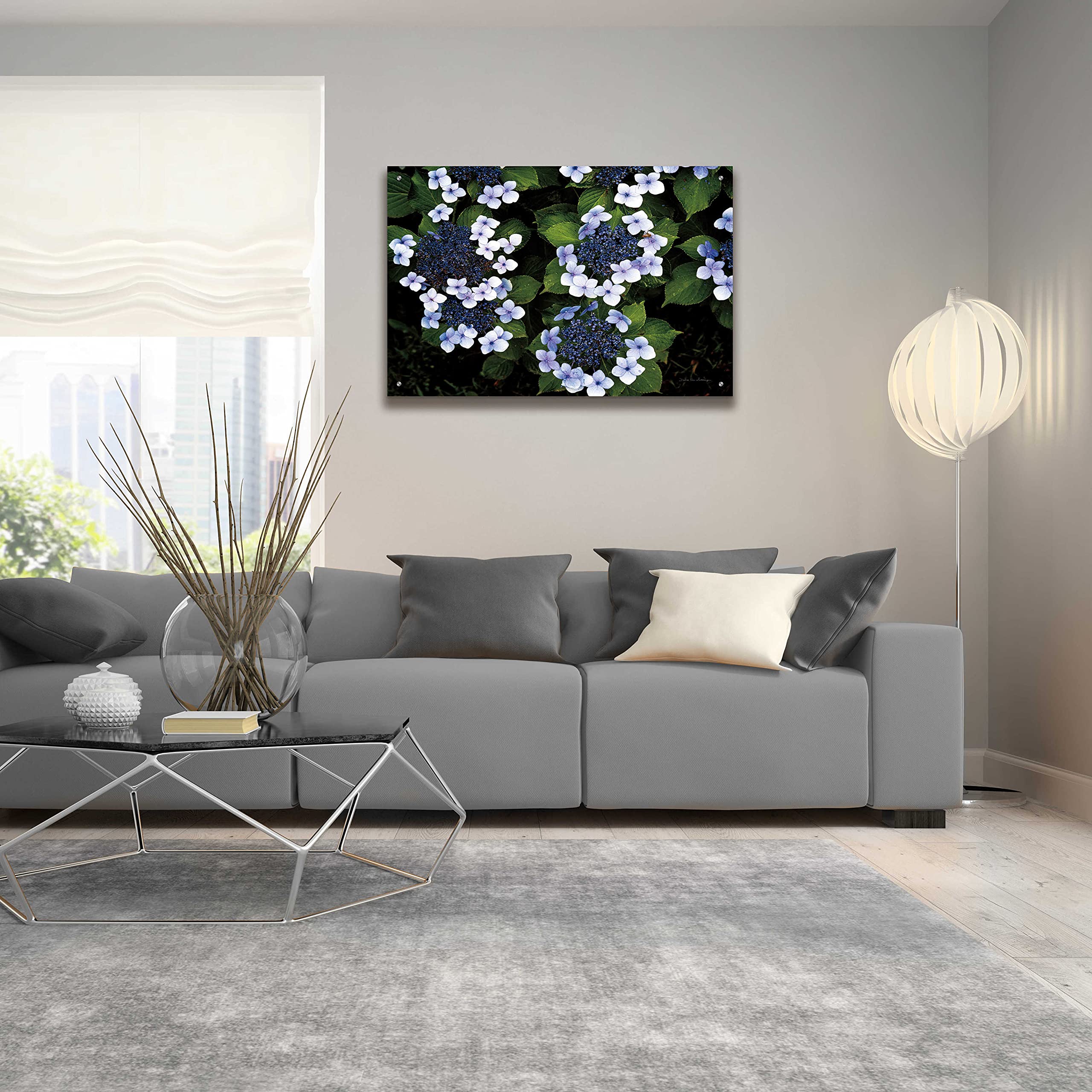 Debra Van Swearingen 'Hydrangeas Opening' Acrylic Glass Wall Art - 36x24 Inches Floral Painting for Living Room, Bedroom & Office Decor