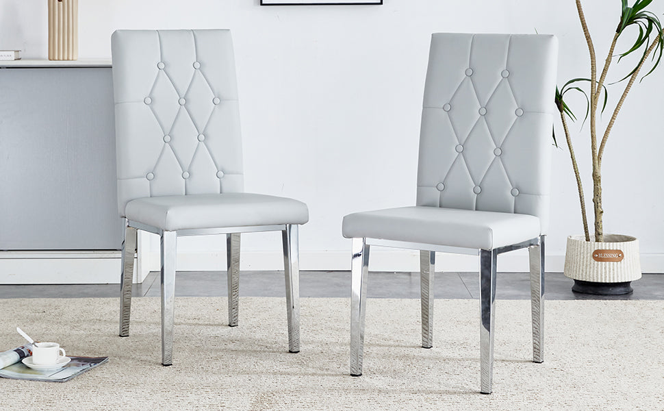 Modern 2-Piece Dining Chairs Set - Light Gray Faux Leather with Checkered Buckle Design for Kitchen, Dining Room & Office - Classic & Contemporary Style Home Furniture for Small Spaces