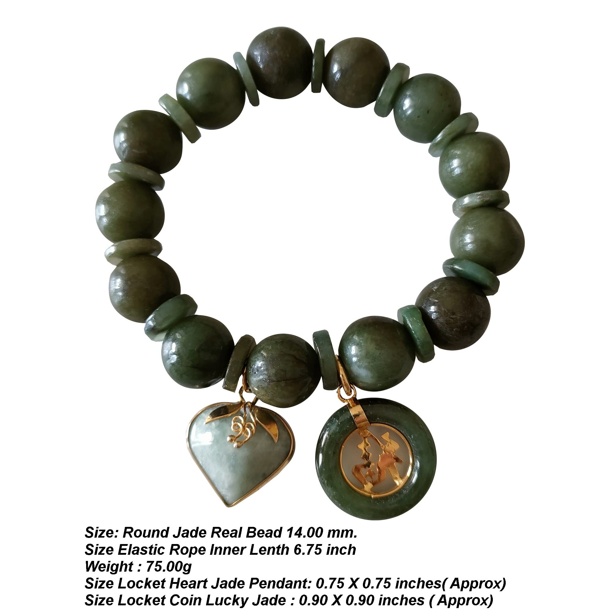 14mm Round Jade Bracelet for Women - Genuine Healing Gemstone with Heart & Coin Pendant - Lucky Money & Success Charm - Adjustable 6.75 Inch for Plus Size - Perfect for Meditation, Gifts & Positive Energy