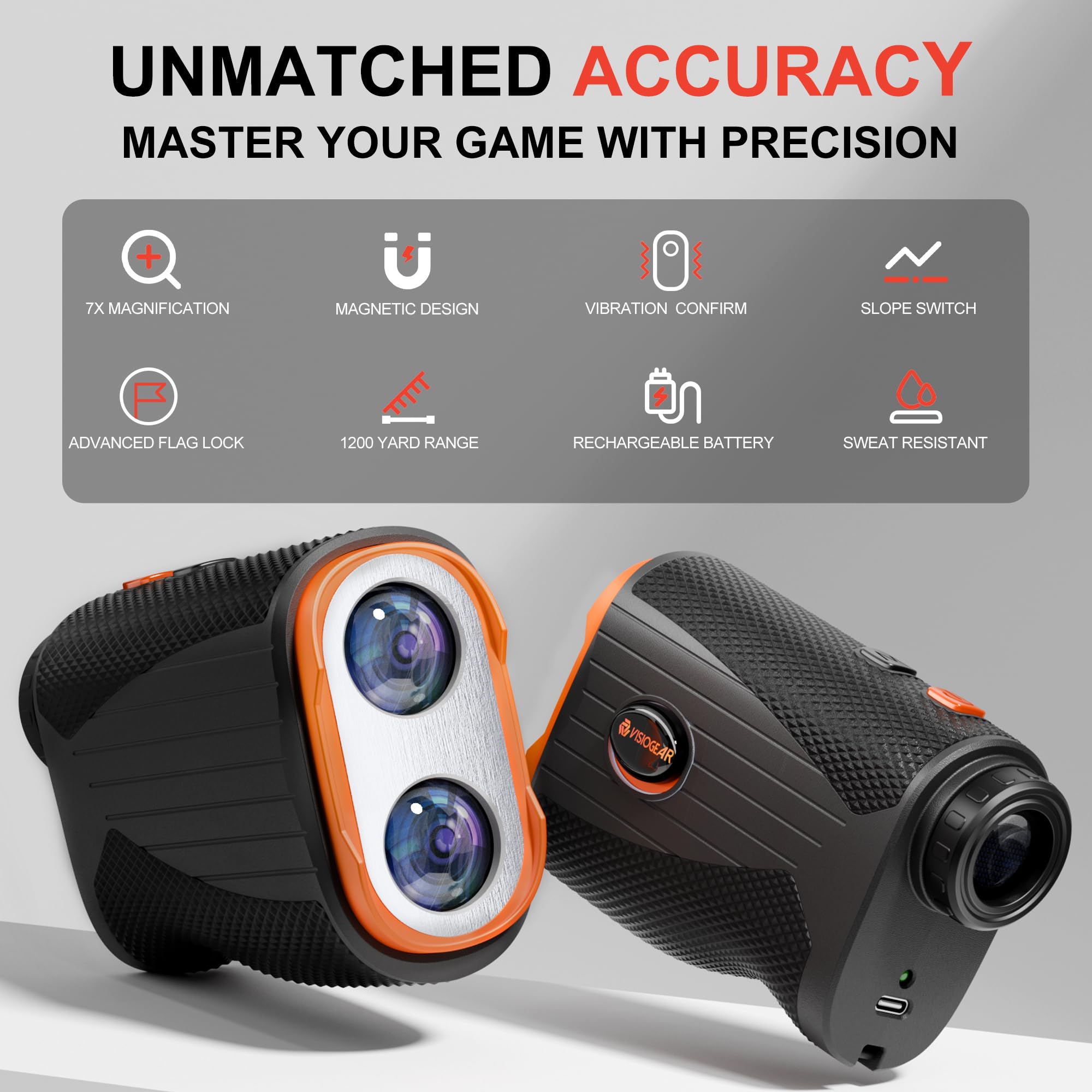 Precision Golf Rangefinder with Slope - 1200 Yard Laser Distance Finder, 7X Magnification & Flag Lock Vibration - Rechargeable Golf Accessories for Men - Perfect for Course Play & Tournament Practice