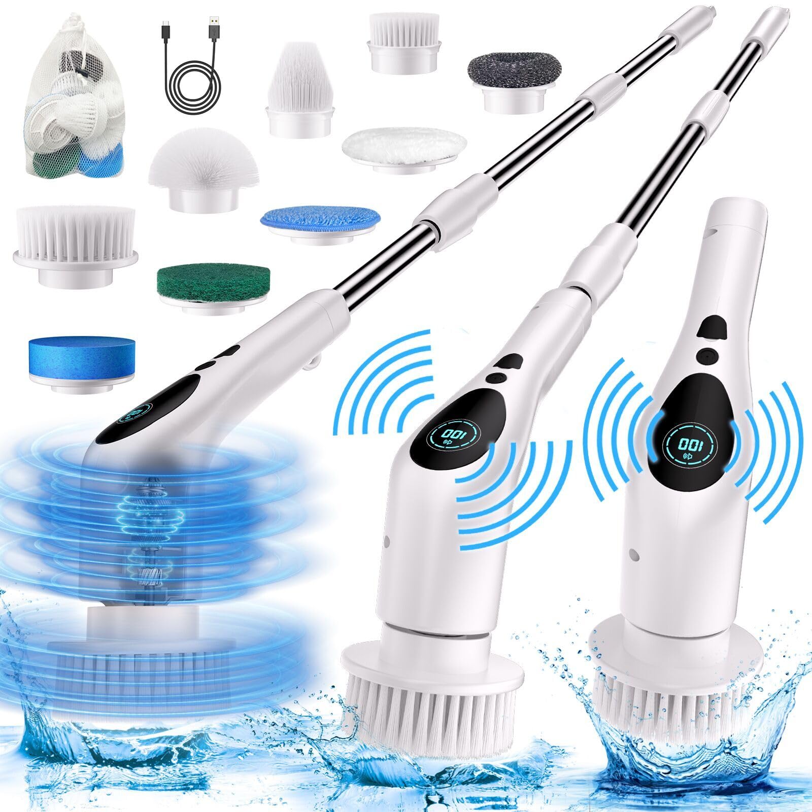 Electric Spin Scrubber Cordless - 3 Speed Adjustable, 9 Replaceable Cleaning Heads with Voice Prompt for Bathroom, Kitchen & Tile Cleaning - Powerful Scrubber for Shower, Tub, Sink & Grout Deep Cleaning