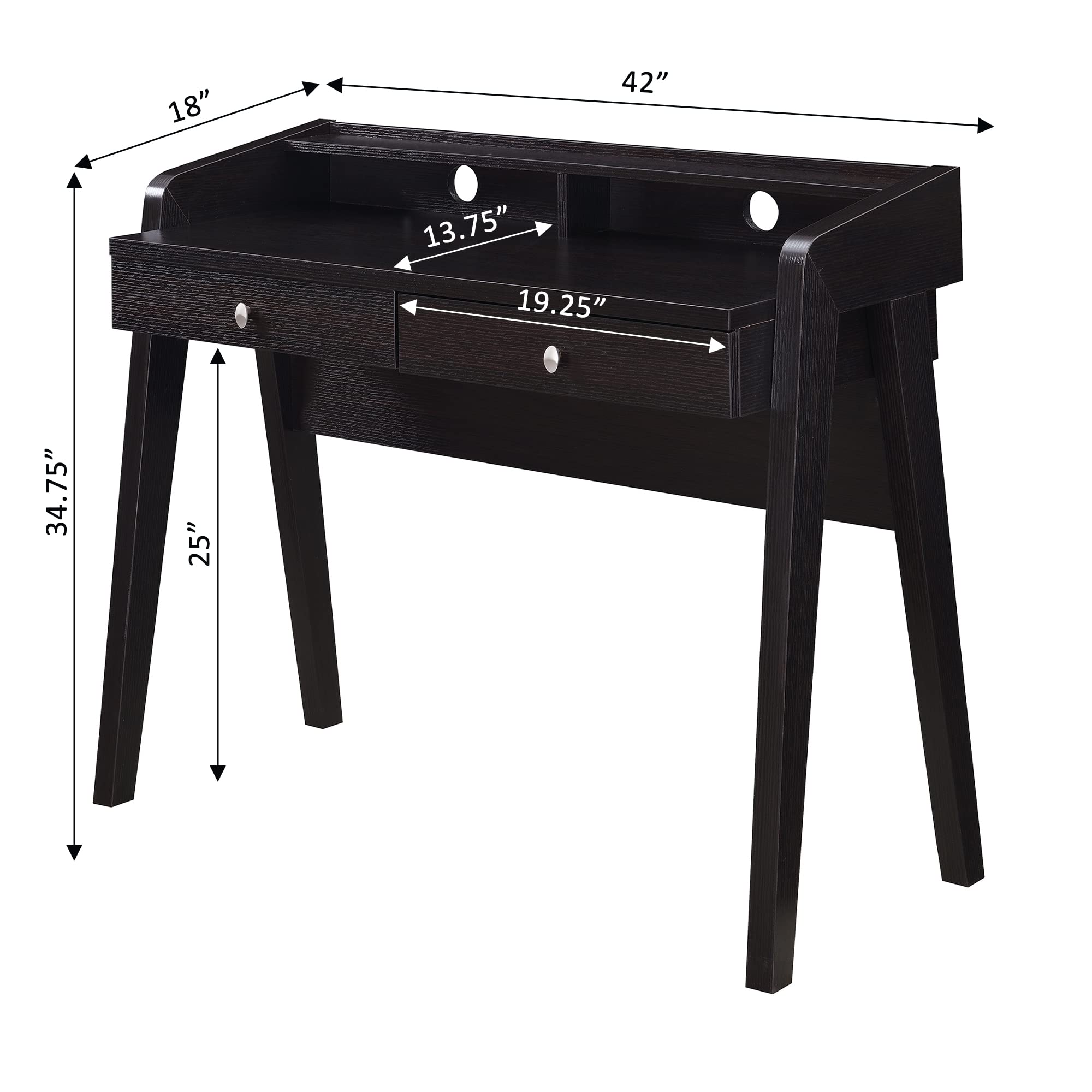 Convenience Concepts Newport Deluxe 2-Drawer Writing Desk with Storage Shelf, Espresso Finish - Perfect for Home Office, Study Room & Small Spaces