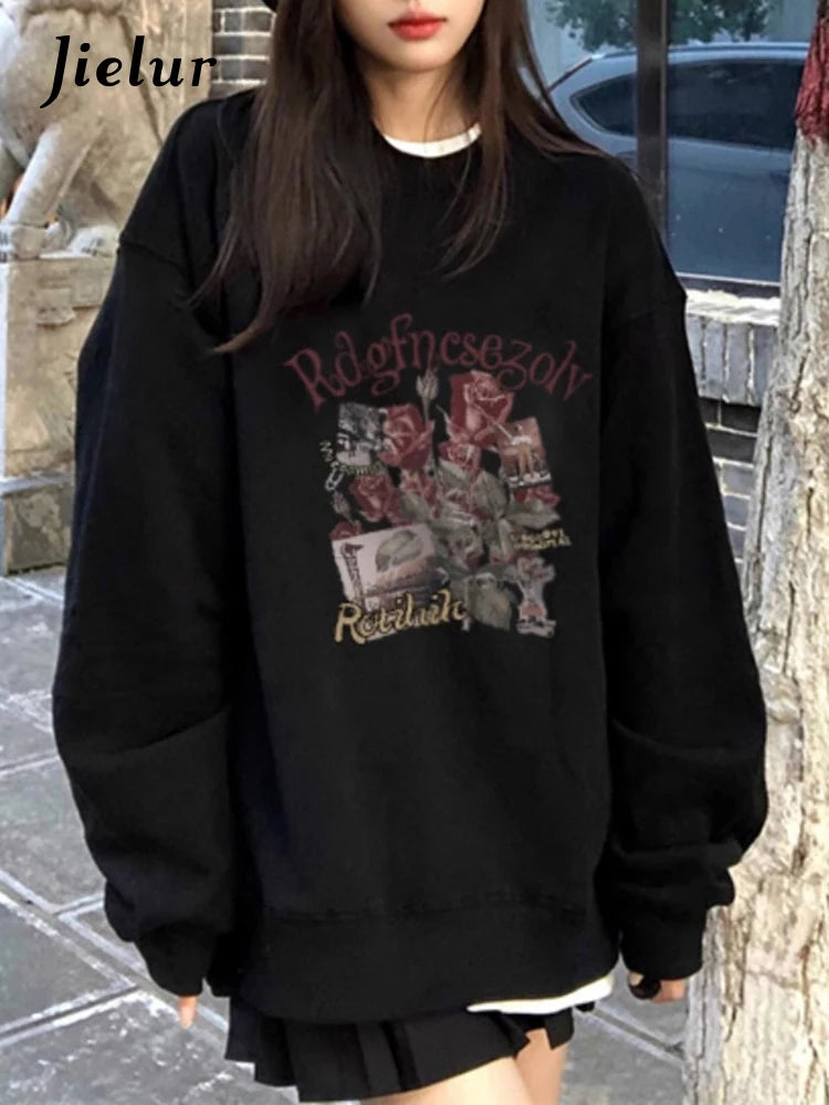 Black O-Neck Loose Office Hoodie for Women - Fashionable Pullover Sweatshirt with Spell Color Design | Chic Basic Women's Hoodie for Work, Casual Wear & Lounge
