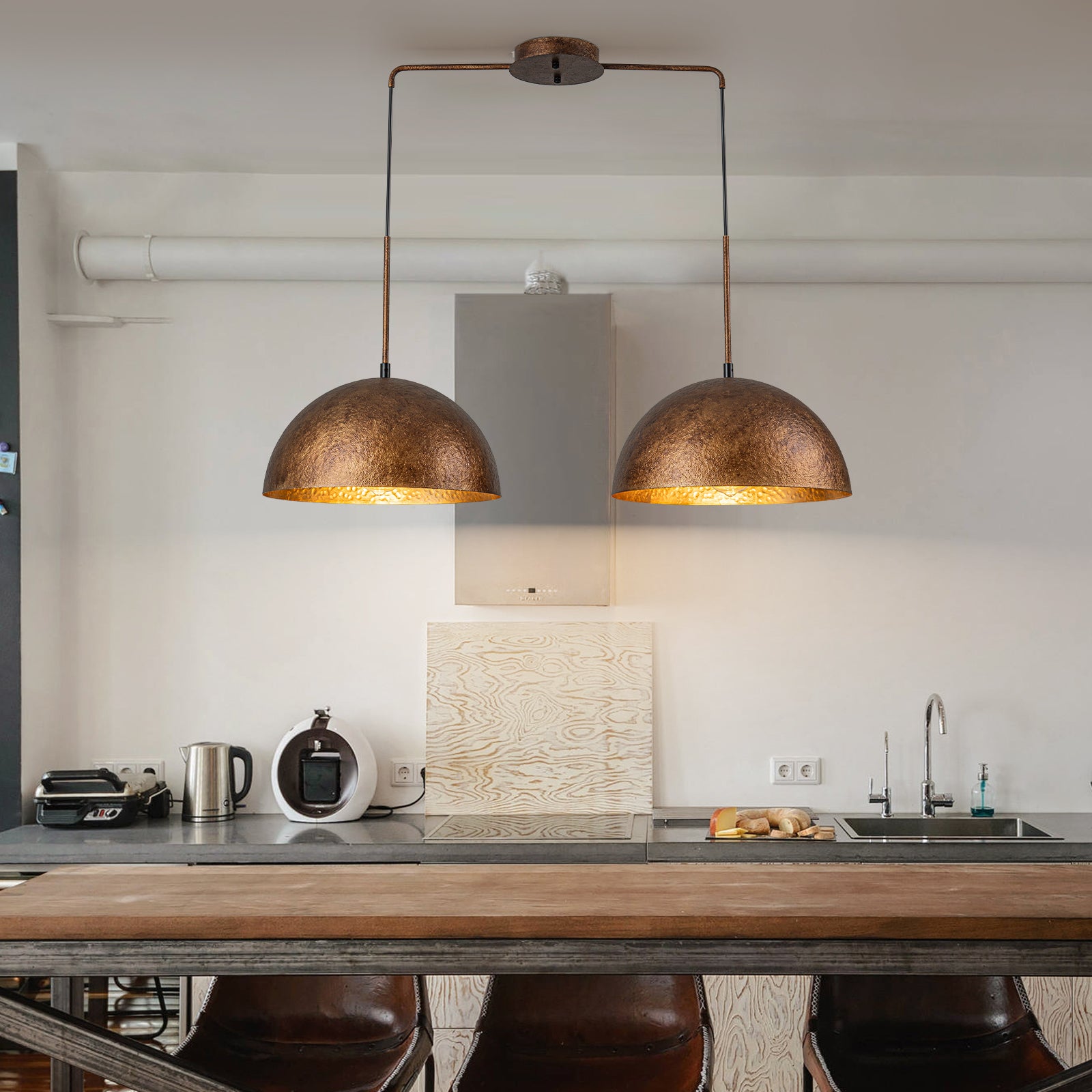 Glowlings 1/2 Light Industrial Antique Hammered Copper Dome Pendant Light - Vintage Style Ceiling Fixture for Kitchen Island, Dining Room & Bar Lighting
