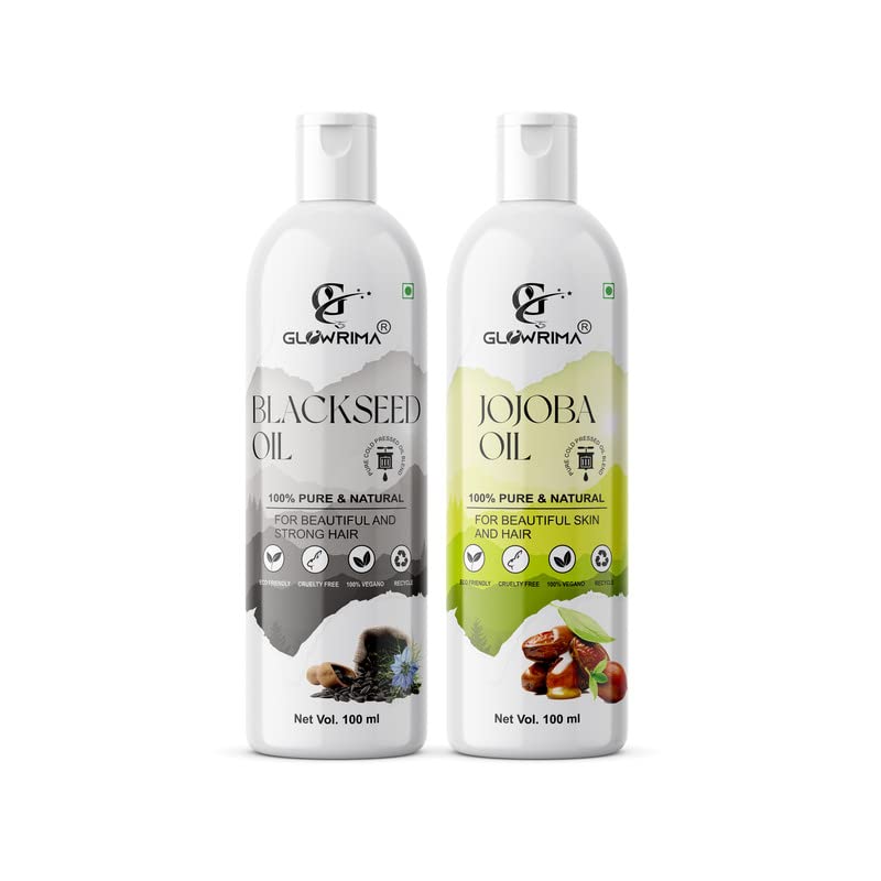 Glowrima 100% Pure Black Seed Oil & Jojoba Oil Combo (100ML Each) - Natural Hair Growth Treatment for Thicker Hair, Reduces Hair Fall & Split Ends, Promotes Soft Shiny Hair - Pack of 2 Bottles - Perfect for Daily Hair Care Routine & Scalp Massage