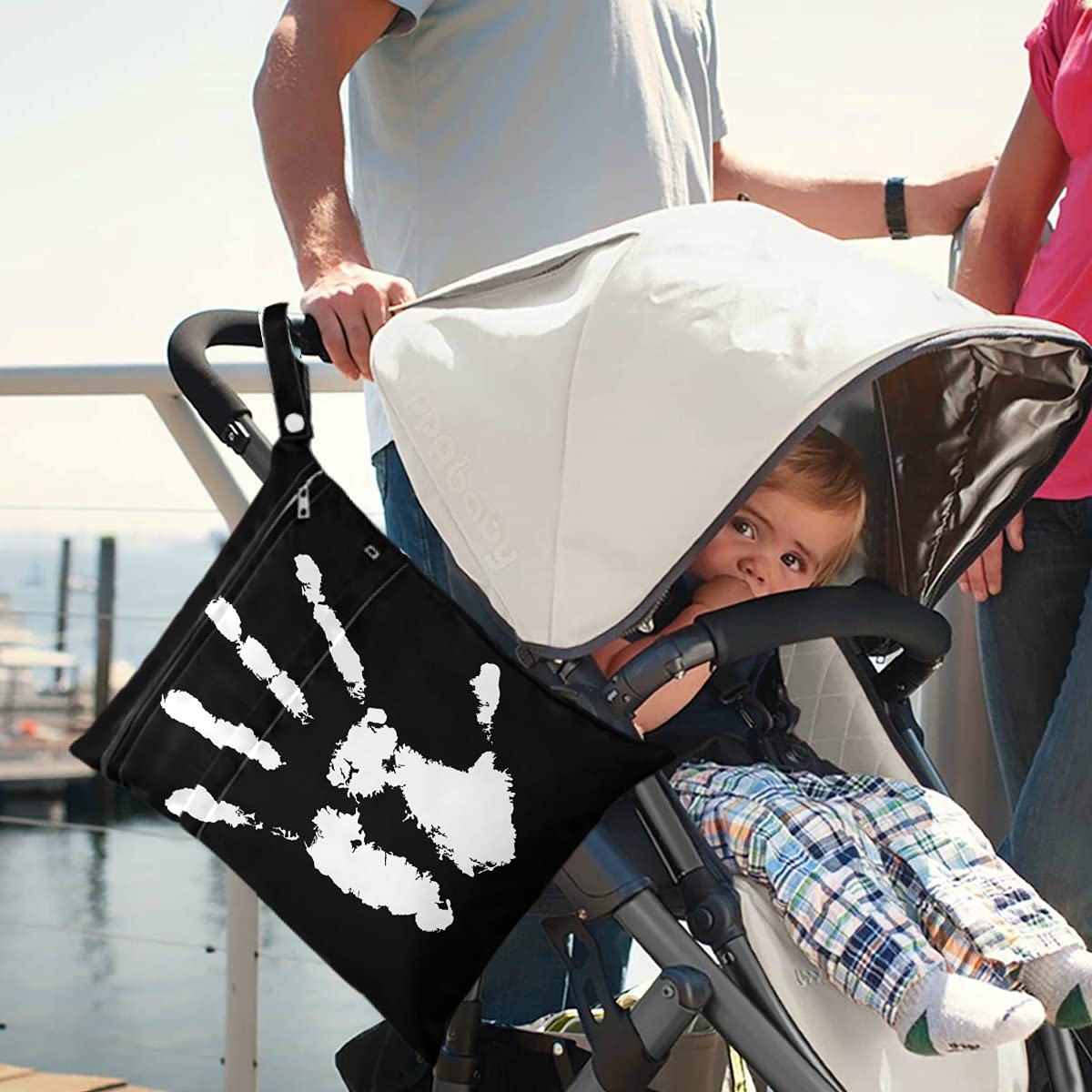 Visesunny Handprint 2Pcs Wet Bags with Zippered Pockets - Washable & Reusable Large Diaper Organizer for Baby Care, Travel, Beach, Gym - Perfect for Strollers, Daycare, Swimsuits, Toiletries & Dirty Clothes Storage