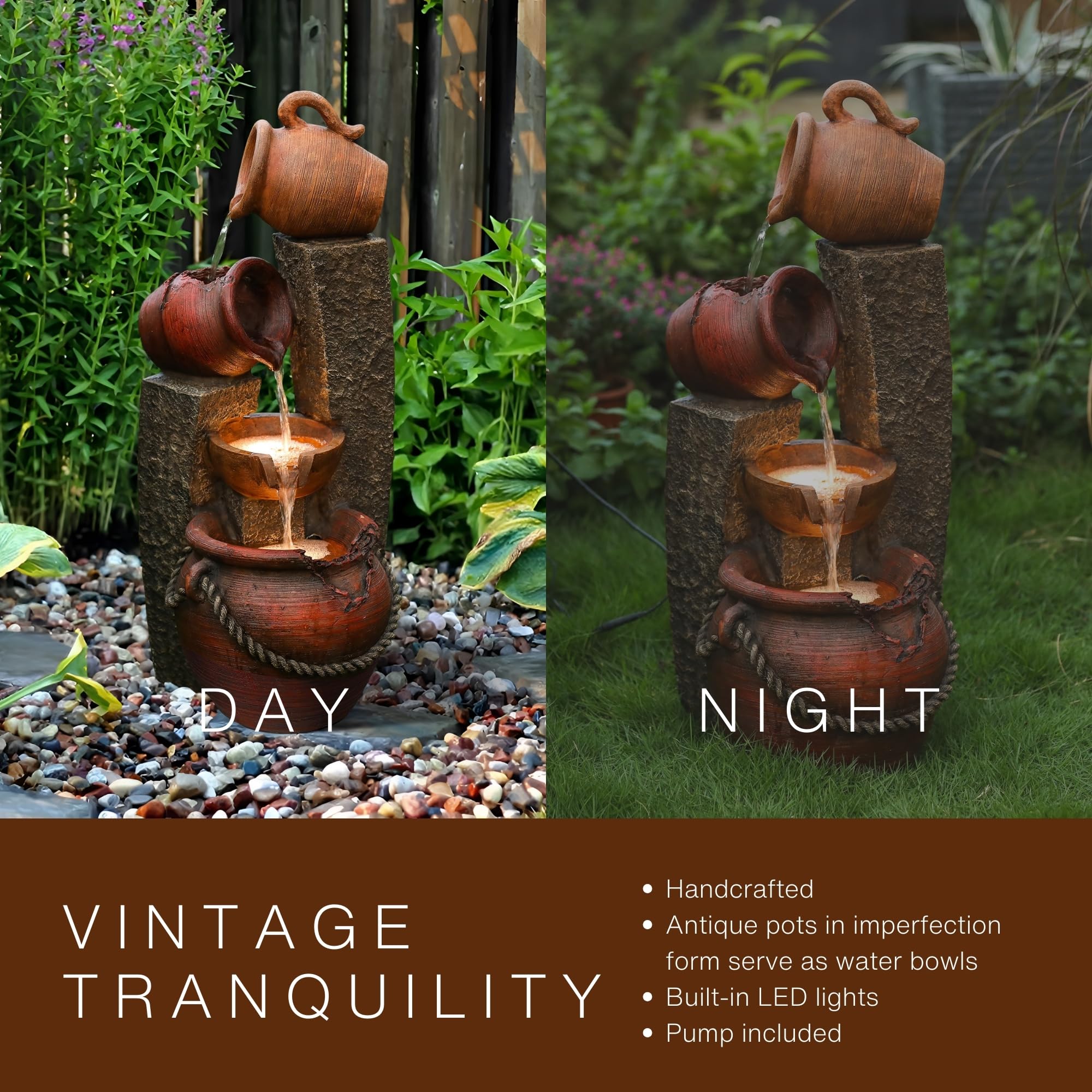 LuxenHome 32 Inch Farmhouse Outdoor Water Fountain with LED Lights - Cascading Pitcher Design for Garden, Patio, and Backyard Decor | Indoor & Outdoor Water Feature for Relaxation and Aesthetic Appeal