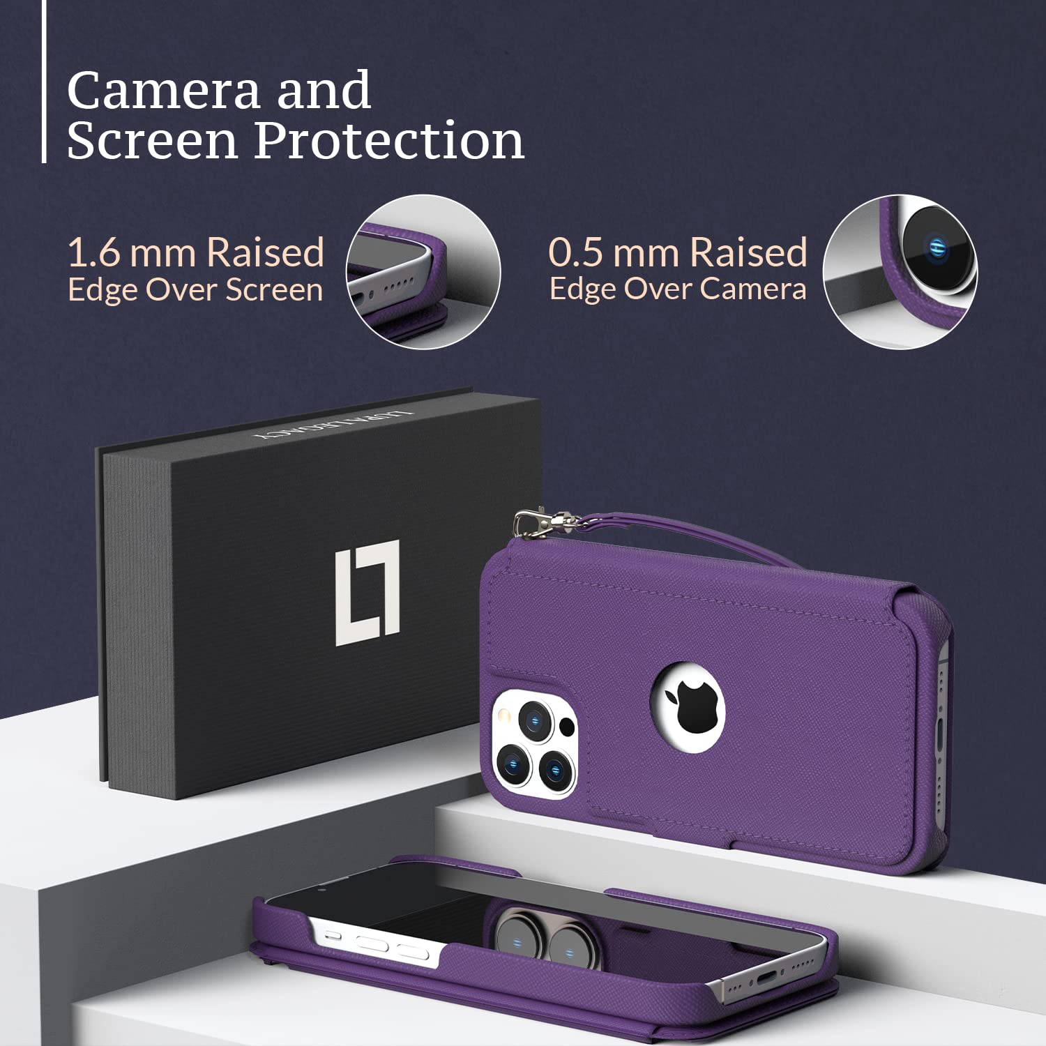 LUPA Legacy iPhone 12 Wallet Case for Women & Men - Slim Durable Faux Leather Flip Folio Cover with Card Holder - Compatible with iPhone 12/12 Pro - Black & Purple - Perfect for Work, Travel & Everyday Use