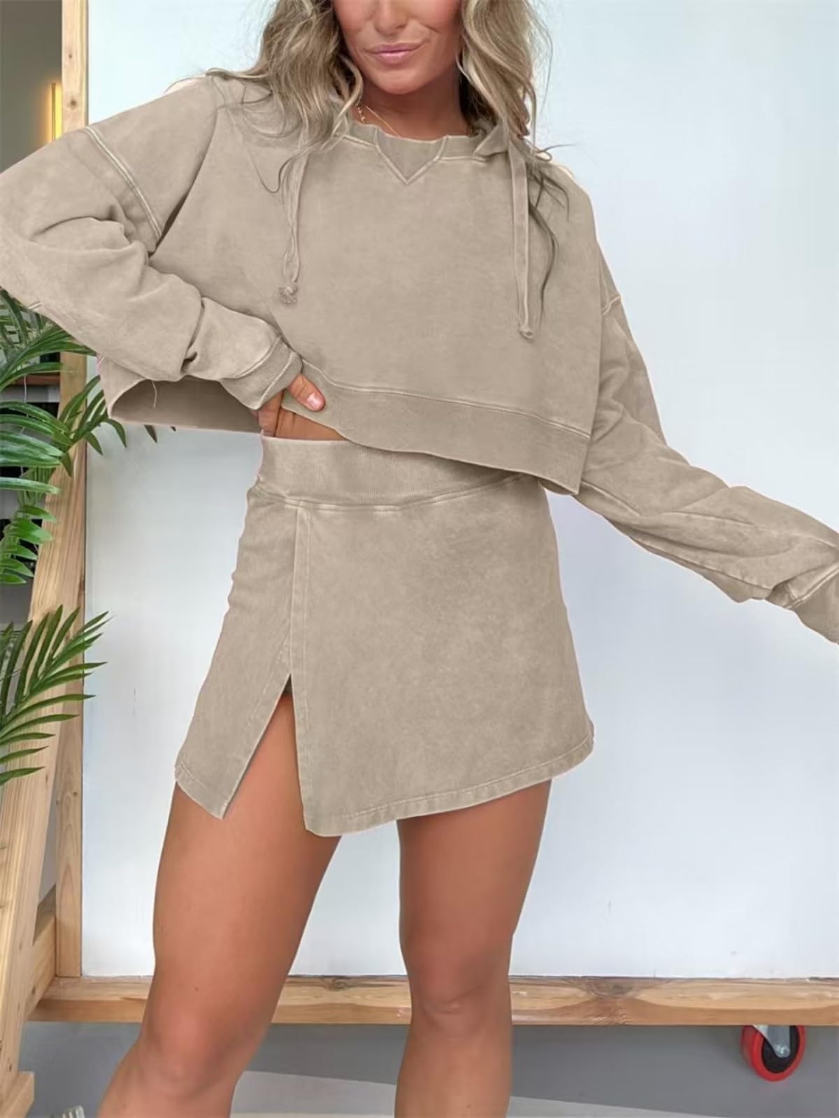 2024 New Pink Laura Lounge Washed Hoodie & Skirt Set - Women's 2-Piece Long Sleeve Outfit for Casual Wear, Loungewear & Street Style Fashion