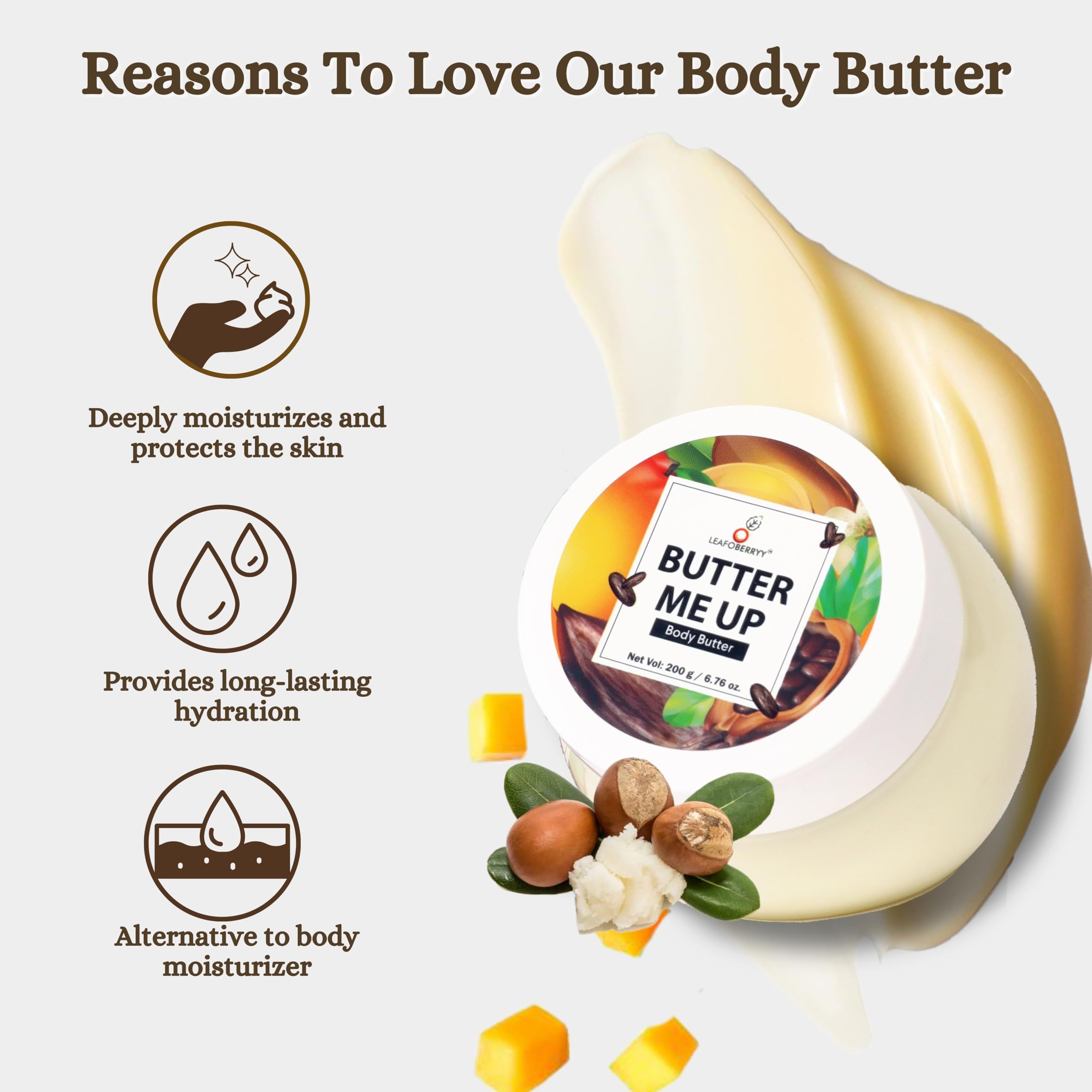 Leafoberryy Deep Nourishing Body Butter with Cocoa, Shea & Mango Butter - Intense Hydration for Dry Skin | Non-Greasy, Fast Absorbing Formula | Softens & Smooths Rough Skin | Silky Glow | 200ml | Perfect for Winter Care & Post-Shower Moisturizing