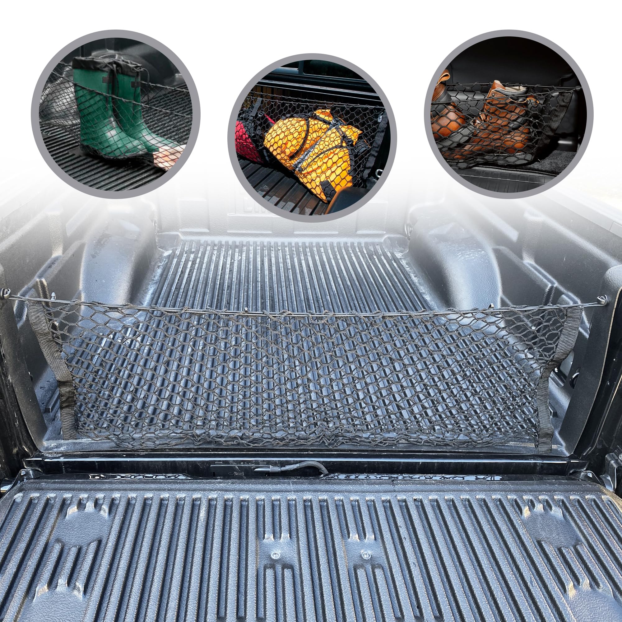 Premium Truck Bed Cargo Net for Jeep Gladiator Sport (2020-2025) - Envelope Style Trunk Organizer with Spray-On Bed Liner - Heavy Duty Vehicle Storage Solution for Camping, Road Trips & Outdoor Adventures