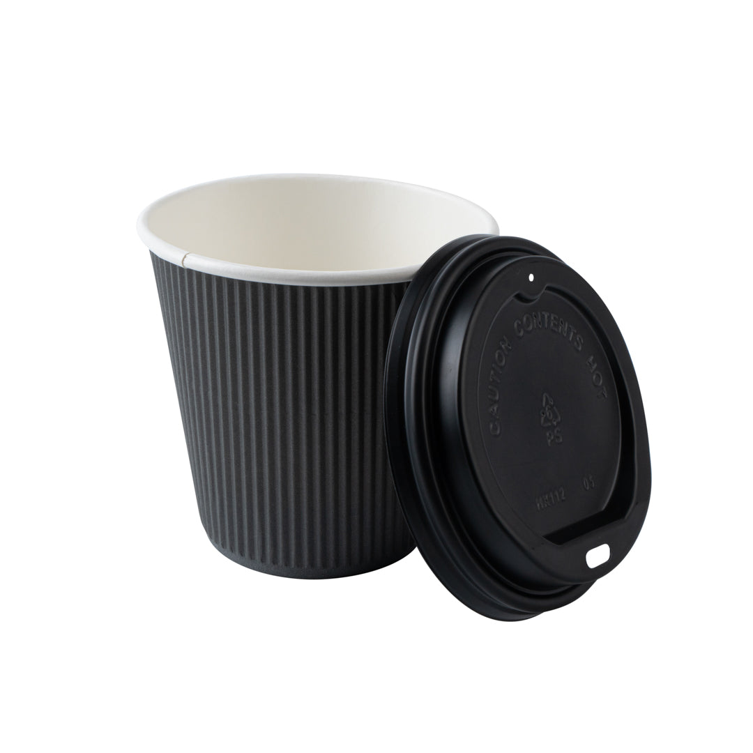 8 oz Gray Ripple Wall Paper Coffee Cups with Black Lids - 3.5