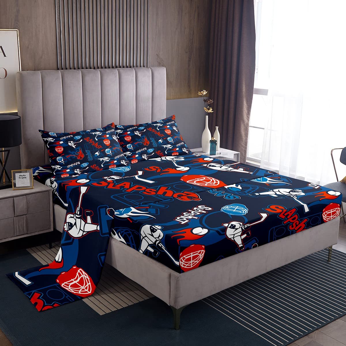 Navy Blue Ice Hockey Bed Sheet Set - 4PCS Full Size Sports Themed Bedding for Kids, Boys & Teens | Perfect for Hockey Fans' Bedrooms & Dorm Rooms