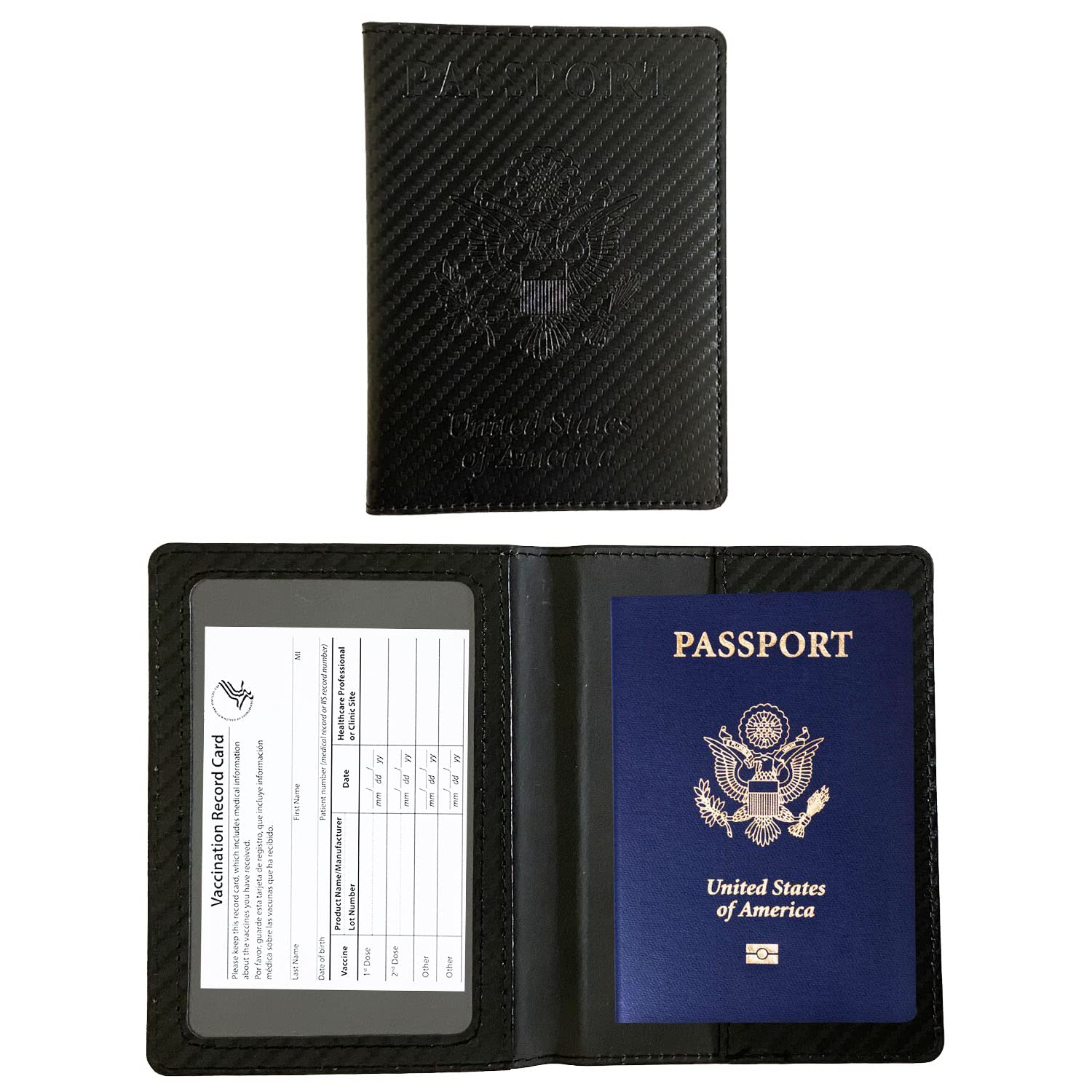 Premium PU Leather Passport Holder with Vaccine Card Slot - RFID Blocking Travel Wallet for Men & Women (Black) - Ideal for International Flights, Cruises and Global Vaccination Records