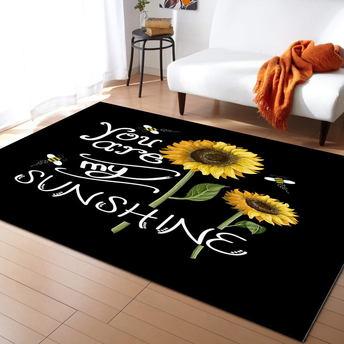 LBDecor 4x6ft Vintage Sunflower Black Non-Slip Area Rug - Farmhouse Decor for Living Room, Bedroom, Hallway & Nursery | Indoor/Outdoor Use for Home, Apartment & Office