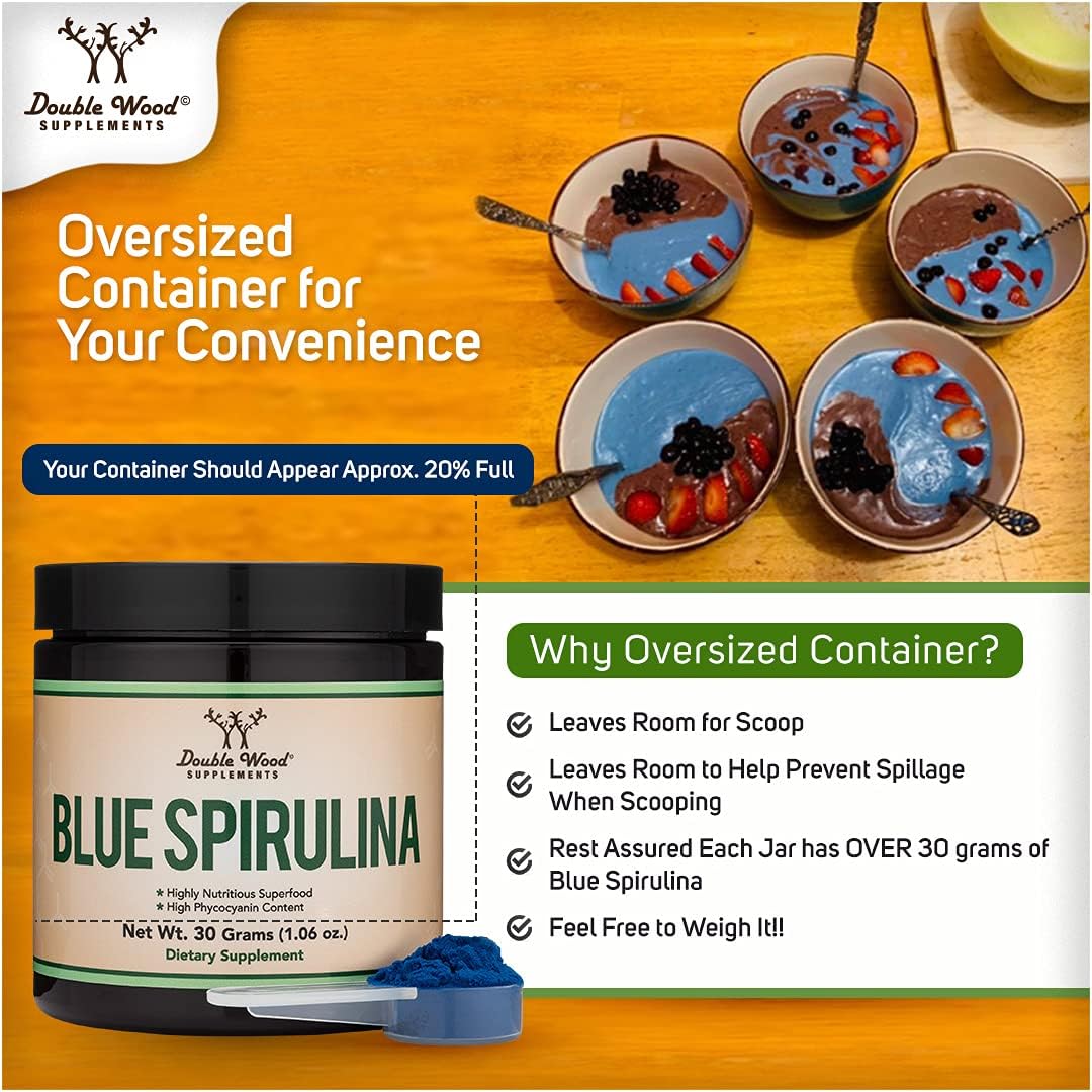 Organic Blue Spirulina Powder - 35% Phycocyanin Superfood Supplement | Premium Blue-Green Algae Powder for Smoothies, Protein Shakes & Natural Food Coloring | Vegan, Gluten-Free | Perfect for Detox, Energy Boost & Healthy Lifestyle (1 Month Supply) by Double Wood