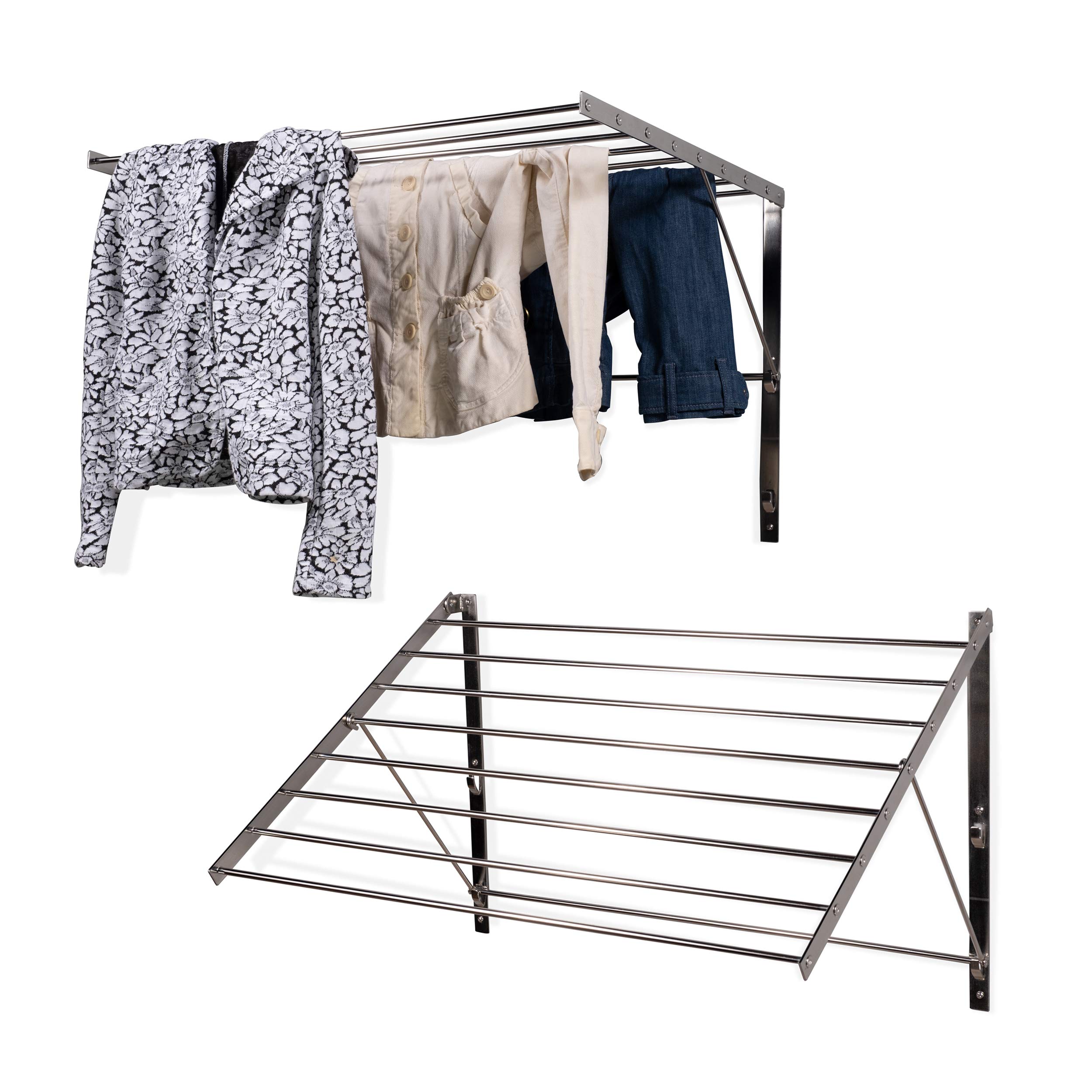 BrightMaison Wall Mount Clothes Drying Rack - Stainless Steel Laundry Organizer with 6.5 Yards Drying Capacity (Set of 2) - Space Saving Solution for Small Apartments, Bathrooms & Laundry Rooms