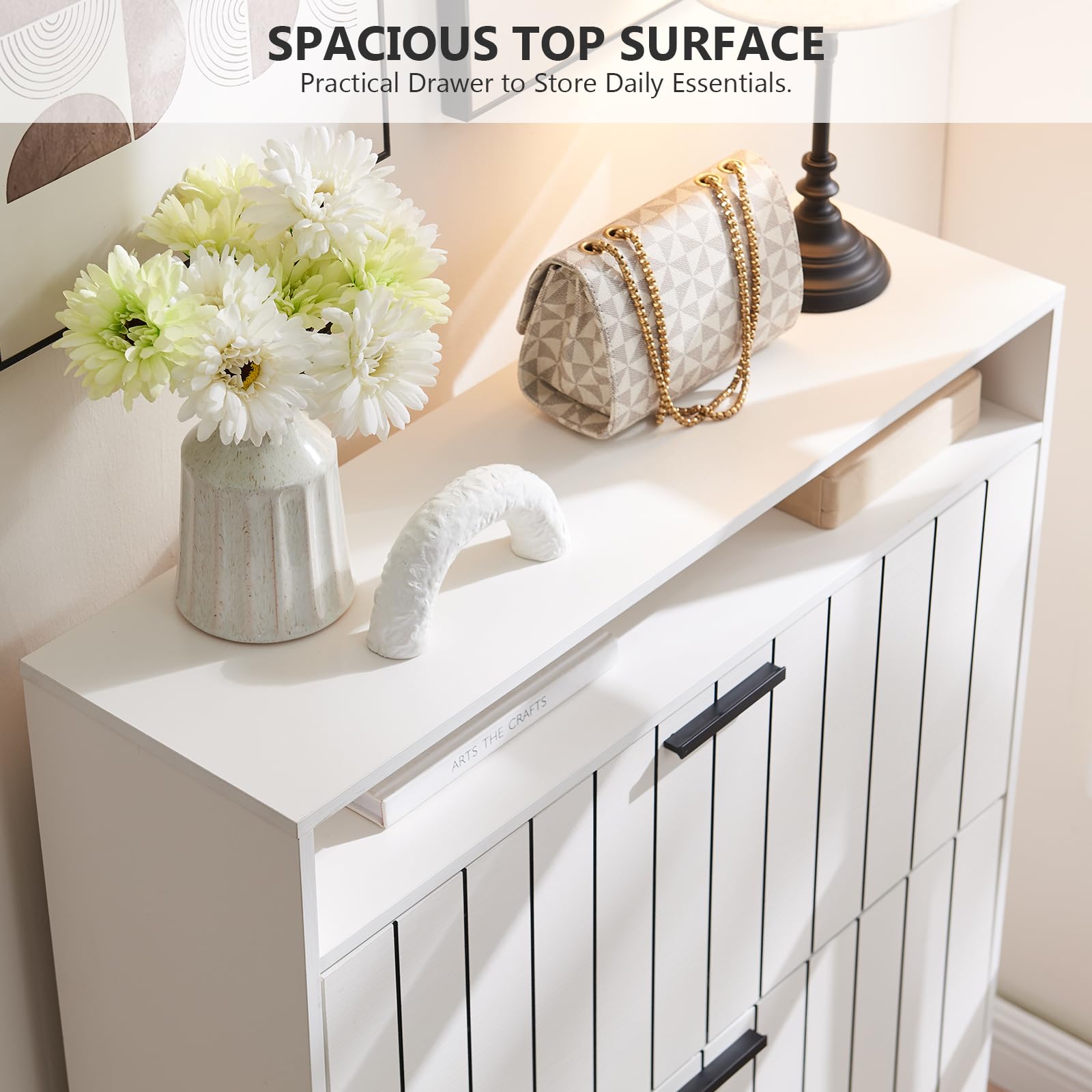16-Pair Shoe Storage Cabinet with 2 Flip Drawers & Open Rack - Slim Freestanding Shoe Organizer for Entryway, Hallway, Apartment & Closet (White) - Perfect for Small Spaces & Home Organization