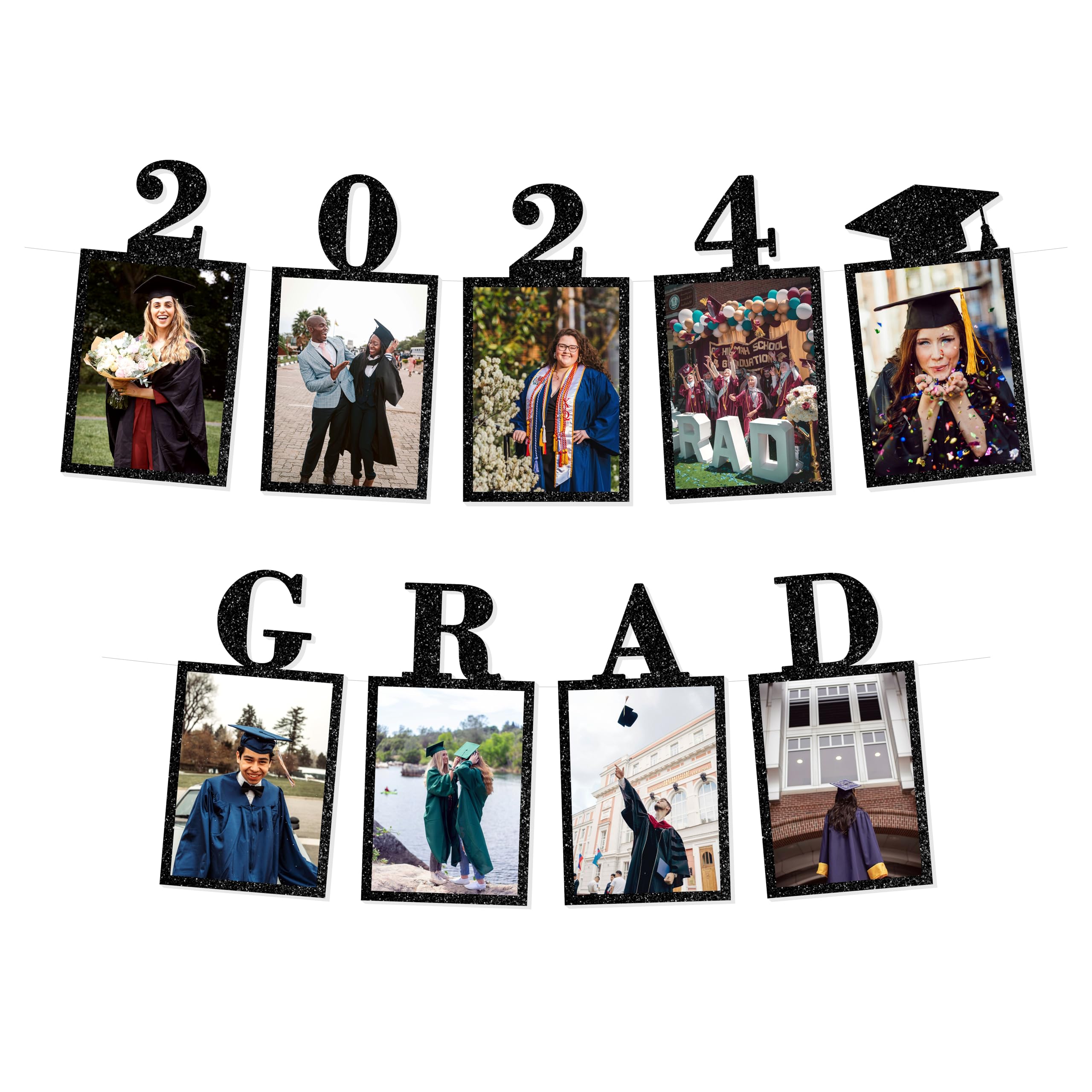 Personalized Graduation Photo Banner - Class of 2024 Graduation Decorations | Black Glitter Photo Banner with Graduation Cap | Perfect for Graduation Parties, School Events & Home Decor