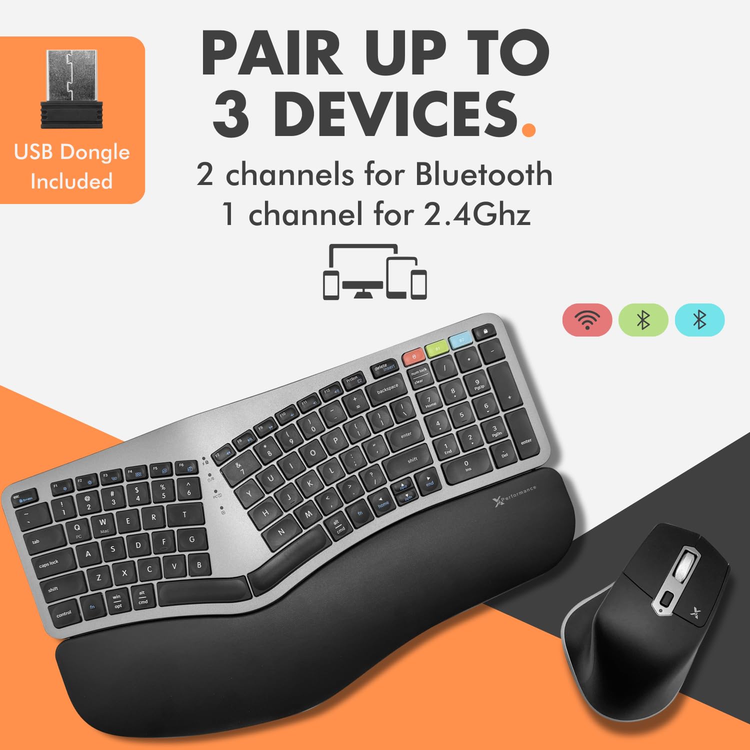 Ergonomic Wireless Keyboard & Mouse Combo - 2.4G/Bluetooth for PC & Laptop - Office & Gaming Use