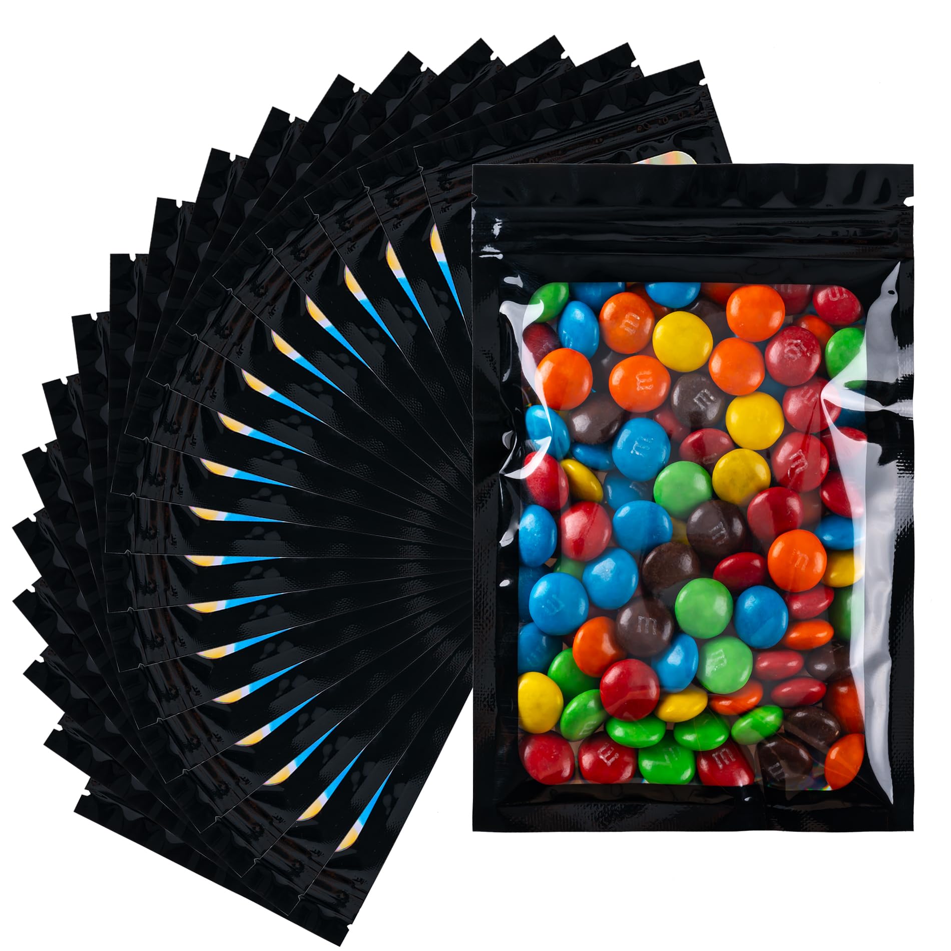 100Pcs Holographic Resealable Storage Bags - 4x6 Inch Smell Proof Food Grade Bags for Candy, Jewelry & Snacks | Airtight Packaging for Home, Travel & Party Use (Holographic Black)