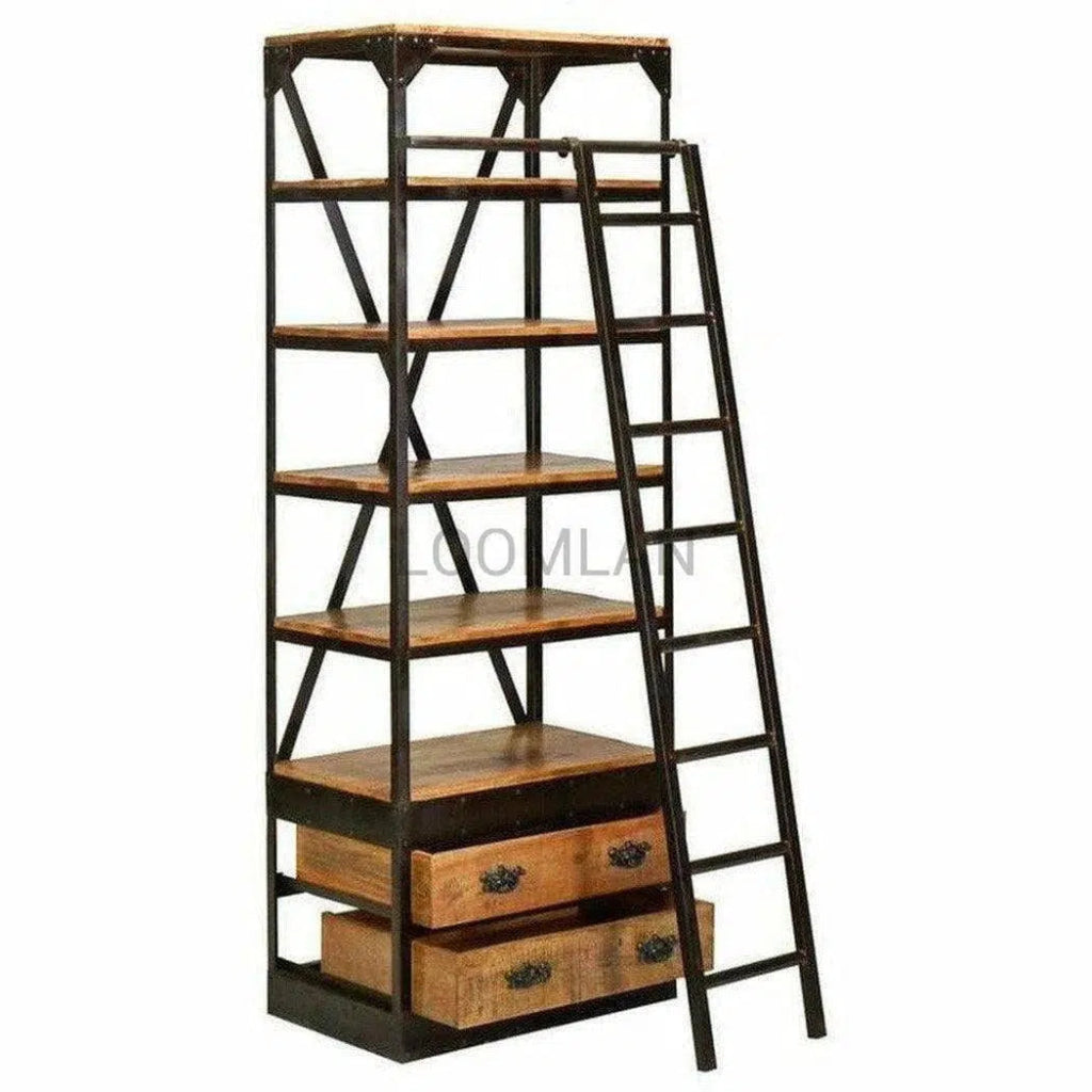 80x32 Inch Industrial Style Library Bookcase with Ladder - Sturdy Wooden Bookshelf for Home Office, Study Room or Classroom Storage Organization