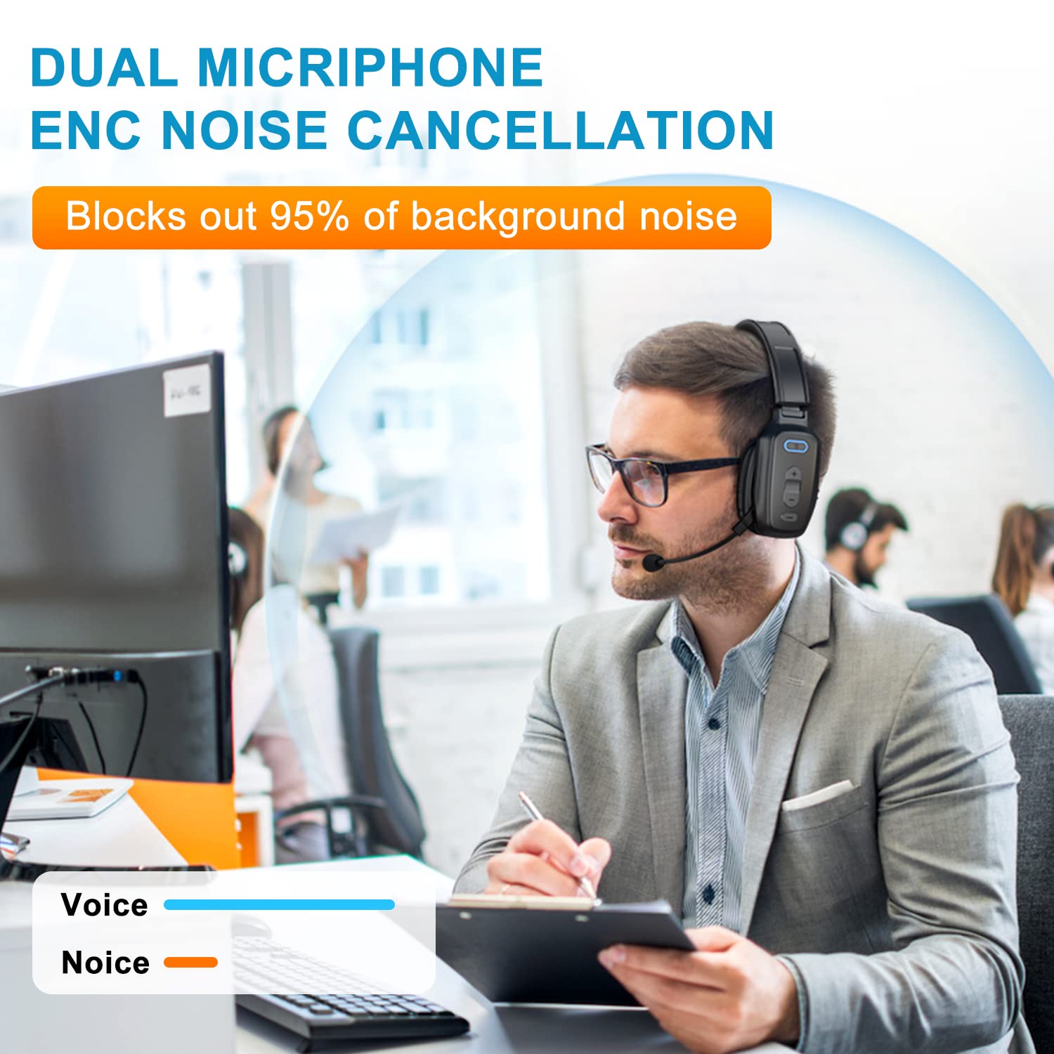 Wireless Bluetooth Headset with Noise Canceling Microphone & Mute Button - 60Hrs Battery Life Trucker Headphones for Phone Calls, Office Work, Driving & Online Meetings