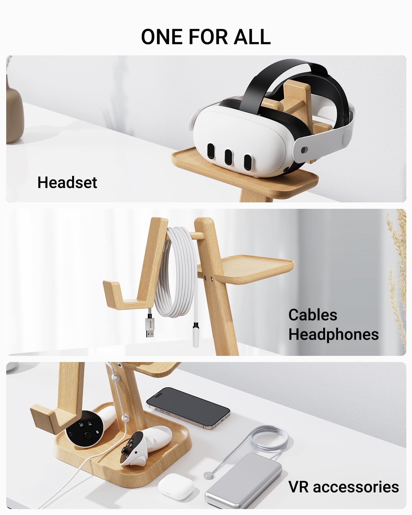 Syntech Universal Wooden VR Stand for Meta Quest 3/2/Vision Pro/Pico 4 - Headset Holder with Storage Base for VR Accessories & Elite Strap | Perfect Gaming Setup for Living Room, Bedroom & VR Gaming Stations