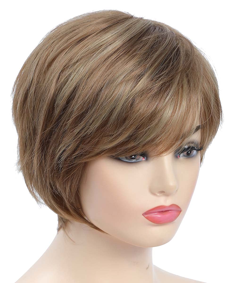 Pixie Cut Layered Short Brown Synthetic Wig with Bangs for Women - Straight Blonde Mixed Brown Hairpiece | Perfect for Cosplay, Daily Wear & Costume Parties