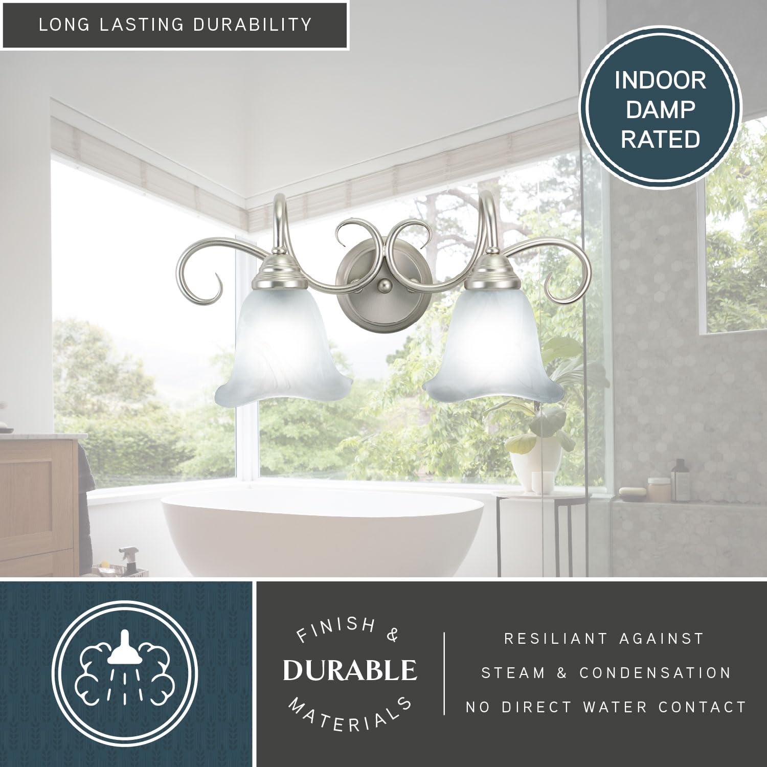 VAXCEL Bella 2-Light Bathroom Vanity Fixture - Brushed Nickel Finish, Transitional Over Mirror Lighting for Bathrooms - Easy to Install - Perfect for Master Bath, Powder Room & Guest Bath Decor