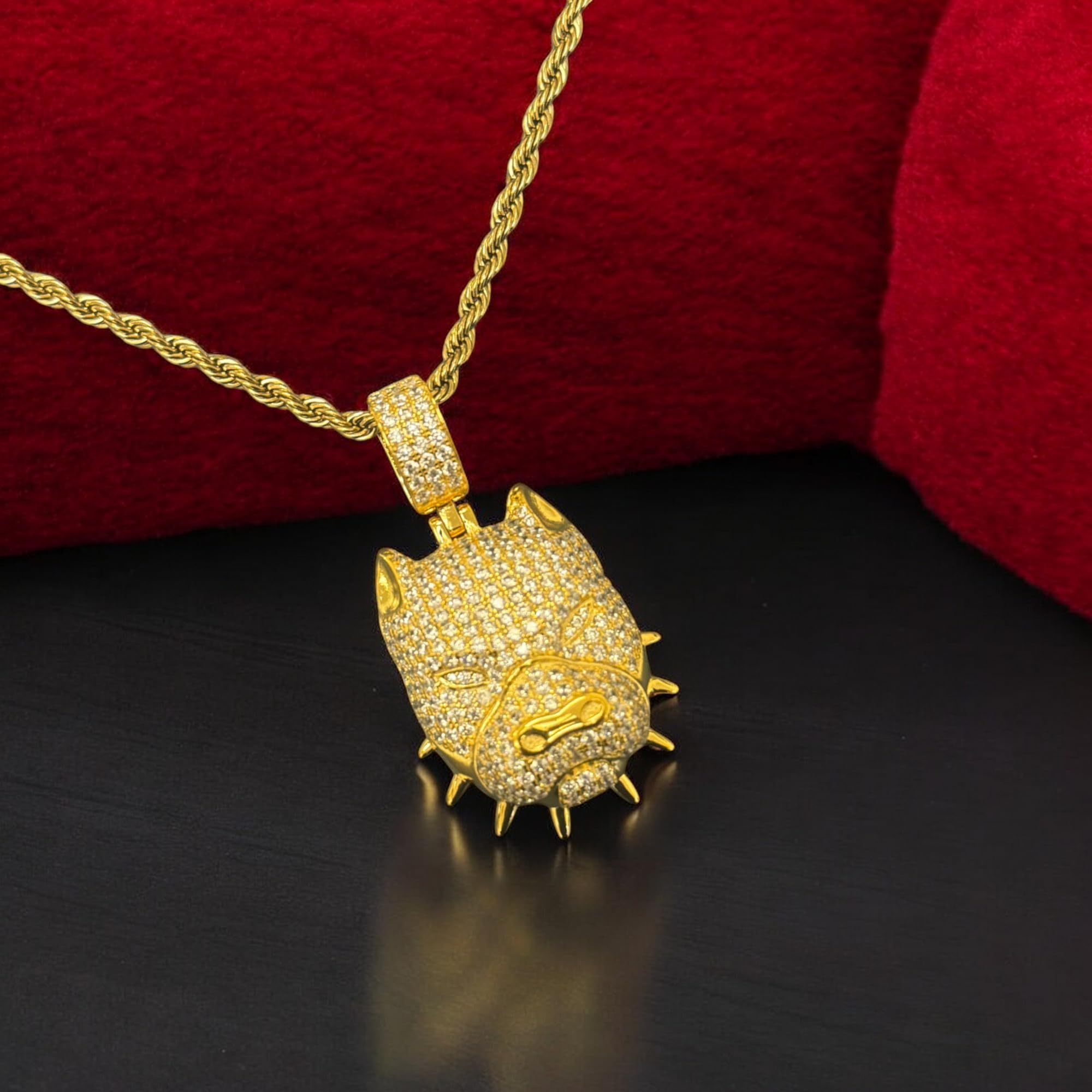 925 Sterling Silver & 14k Gold Angry Bull Dog Spike Collar Charm Pendant with 3mm Stainless Steel Rope Chain Necklace for Men & Women - Iced Out Hip Hop Jewelry, Perfect for Streetwear Fashion & Gift Giving