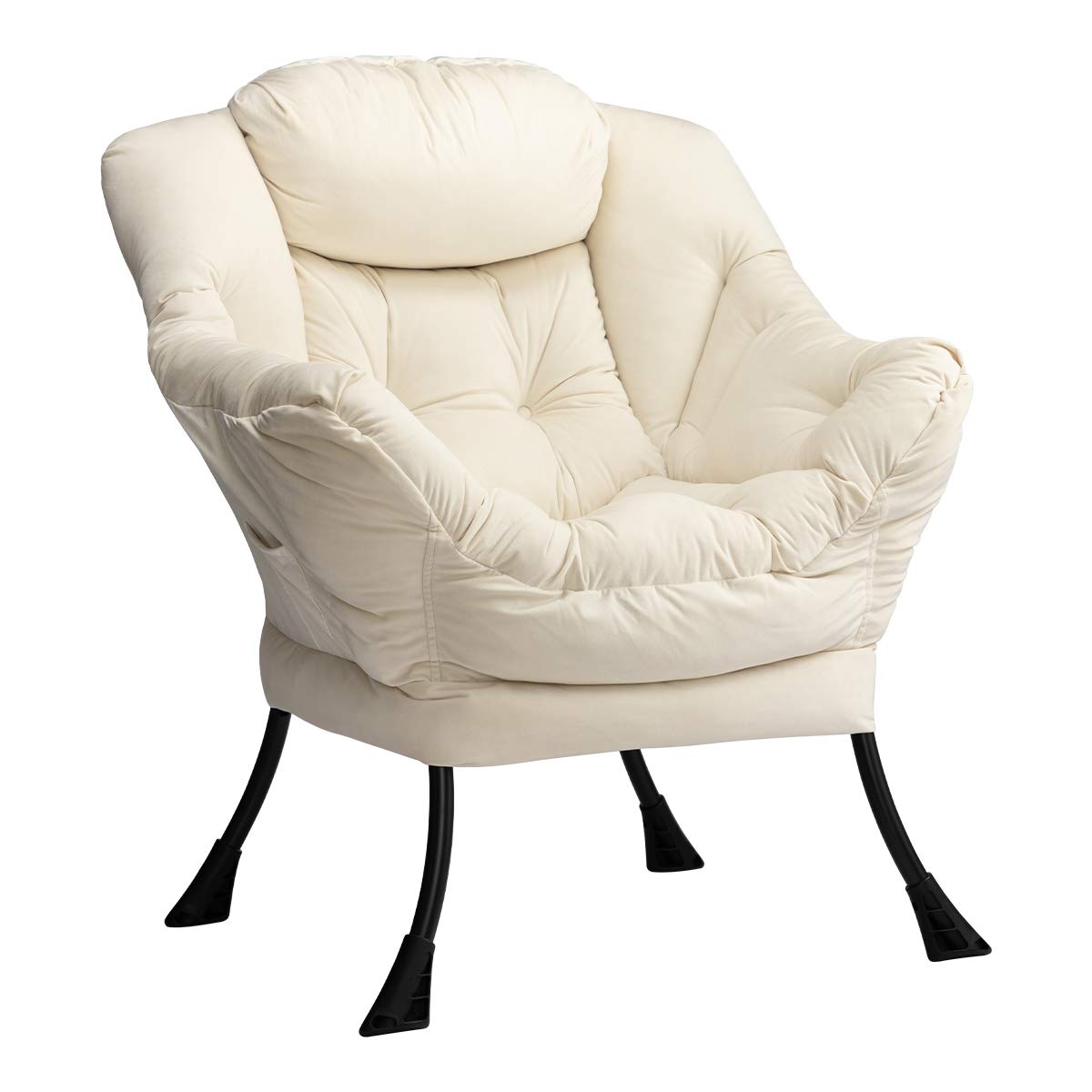 Modern Large Cotton Fabric Lazy Chair - Contemporary Accent Lounge Chair with Steel Frame, Armrests & Side Pocket - Beige - Perfect for Living Room, Bedroom, Office or Reading Nook