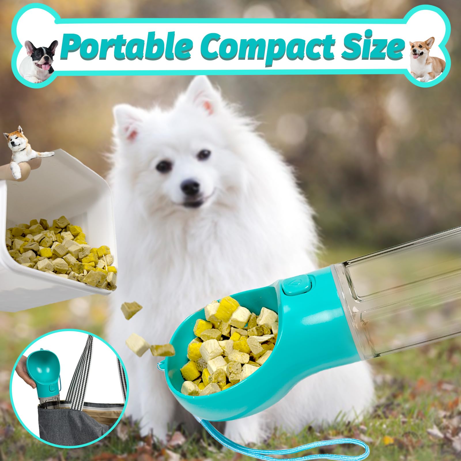 Portable Dog Water Bottle with Feeder and Collapsible Bowl - 12.1oz Leak Proof Travel Water Dispenser for Dogs - Includes Waste Bag Holder & Poop Bags - Perfect for Hiking, Camping, and Outdoor Adventures (Lake Blue)