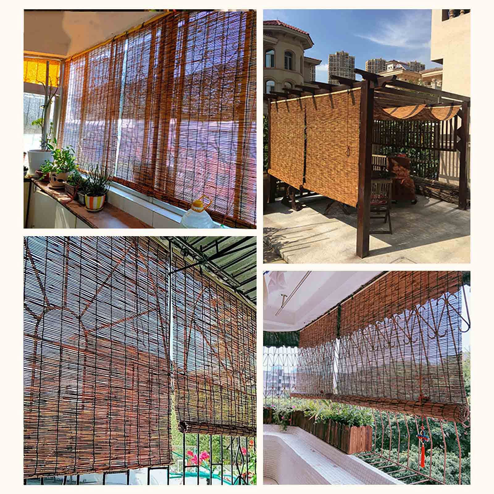Bamboo Roller Blinds - Reed Roll Up Shades for Pergola & Outdoor Sun Protection - 59x87in (150x220cm) Waterproof & Heat Insulating Roman Straw Curtain - No Drilling Required - Perfect for Patio, Balcony, and Garden Shade