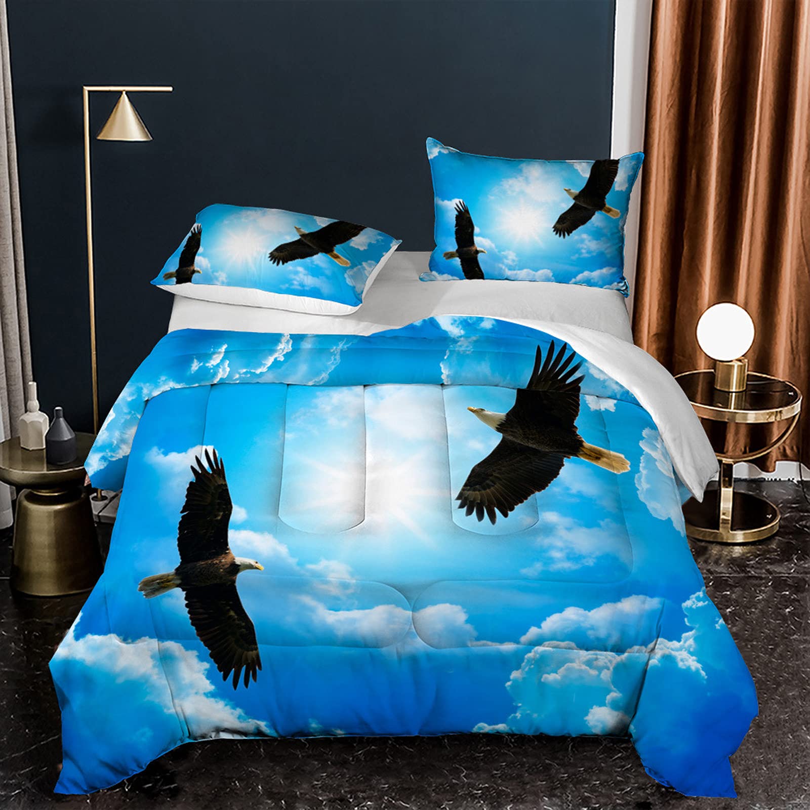 Full Size Flying Bald Eagles Comforter Set - 3 Piece Wildlife Animal Blue Sky Bedding with 1 Comforter & 2 Pillow Shams | Perfect for Nature Lovers, Cabin Decor & American Patriotic Bedroom Themes