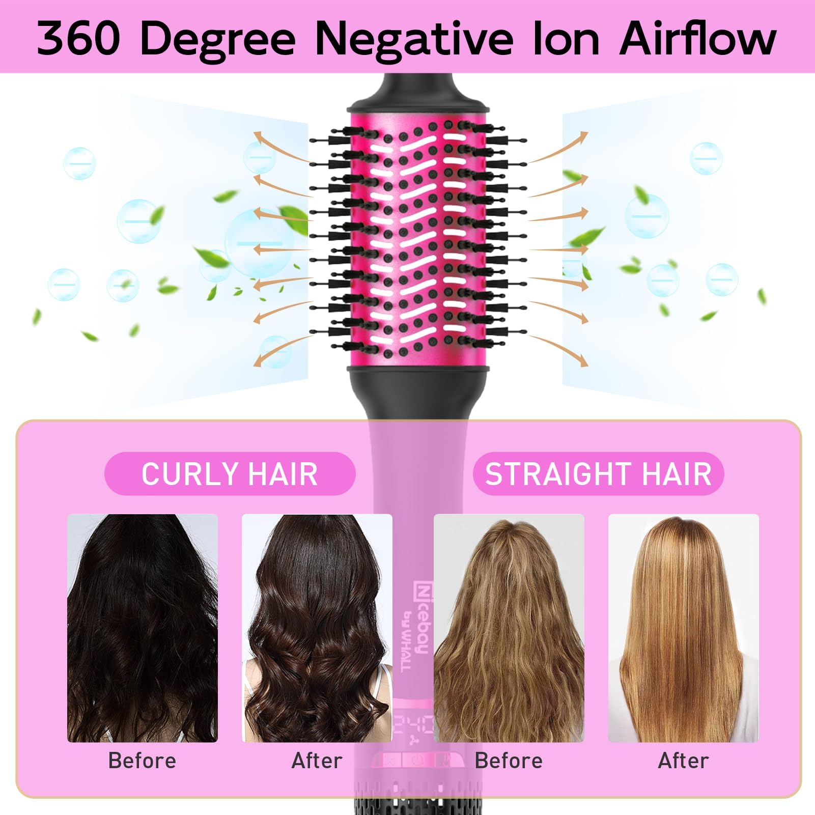 Nicebay Hair Dryer Brush for Women - One Step Blowout Brush with LCD Display, Oval Ceramic Barrel & Negative Ion Technology - Perfect for Salon-Quality Styling at Home, Travel & Daily Hair Care