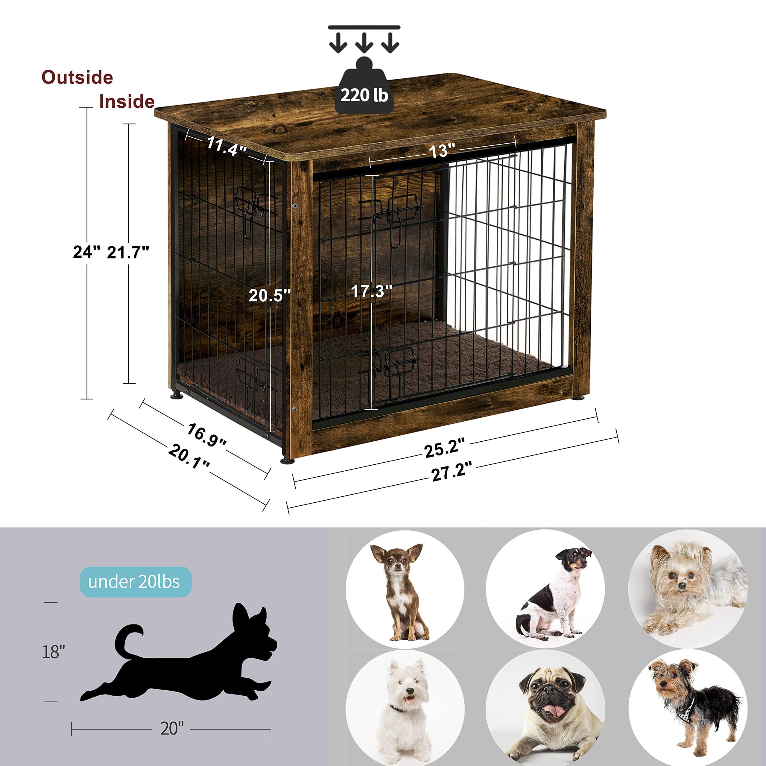 DWANTON Wooden Dog Crate Furniture with Cushion - Double Door Indoor Kennel Table for Small Medium Large & XL Dogs (27.2