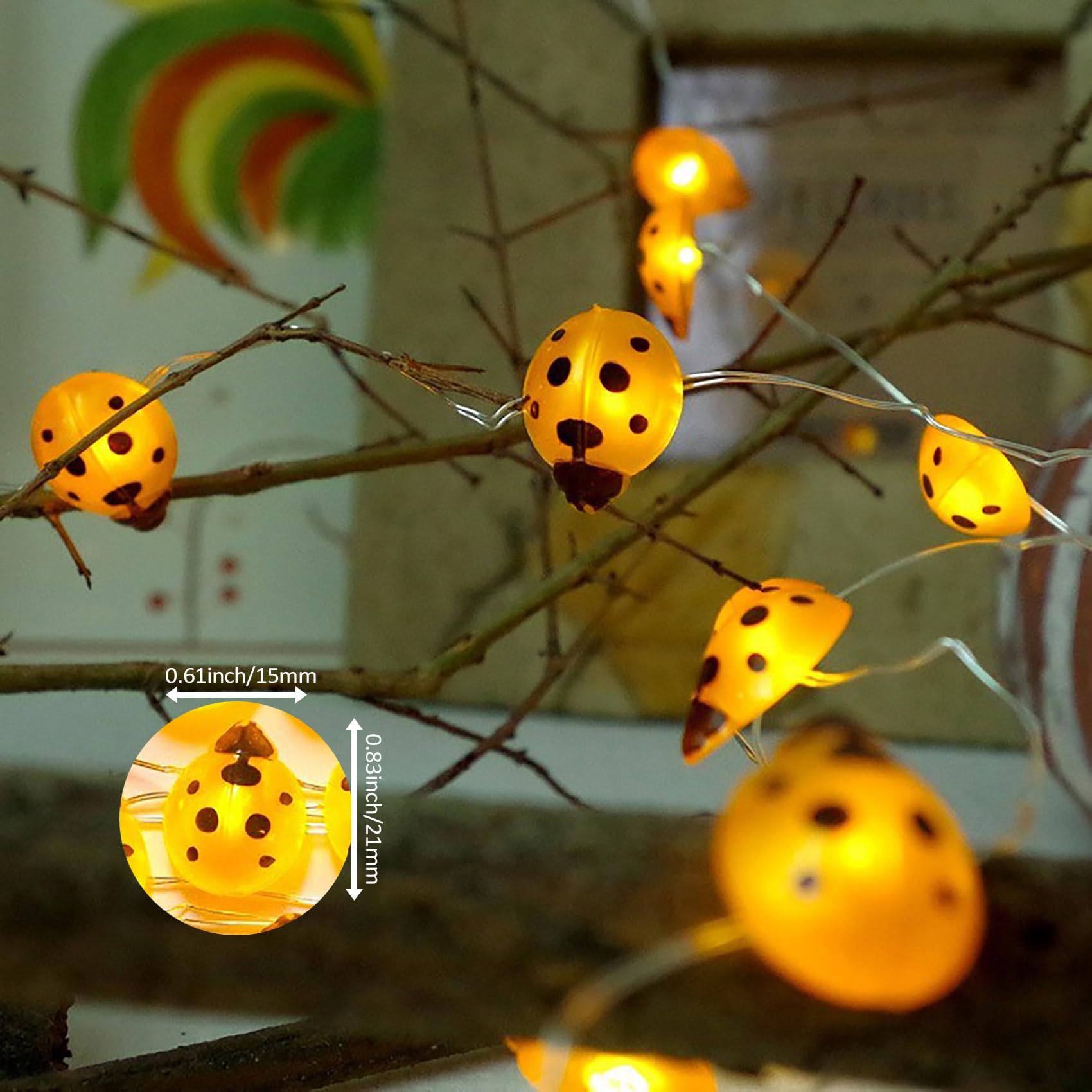 Keeda 30 LED Ladybug Fairy Lights - 9.8ft Battery Operated Silver Wire String Lights for Bedroom, Party, Wedding, Patio & Christmas Decor (Yellow) | Perfect for Indoor & Outdoor Decoration, Garden Lighting, and Festive Atmosphere