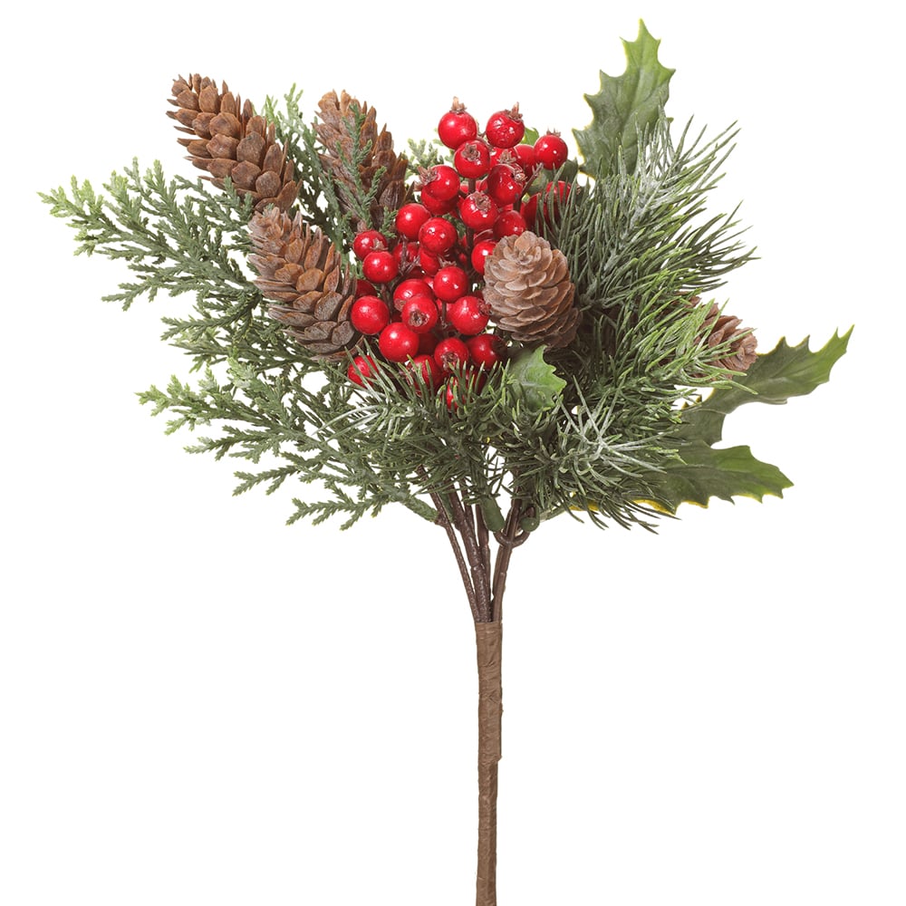 11 Holly, Berry & Pine Artificial Stem Pick Red/Green (Pack of 12) - Perfect for Christmas Decorations, Holiday Wreaths, and Festive Centerpieces